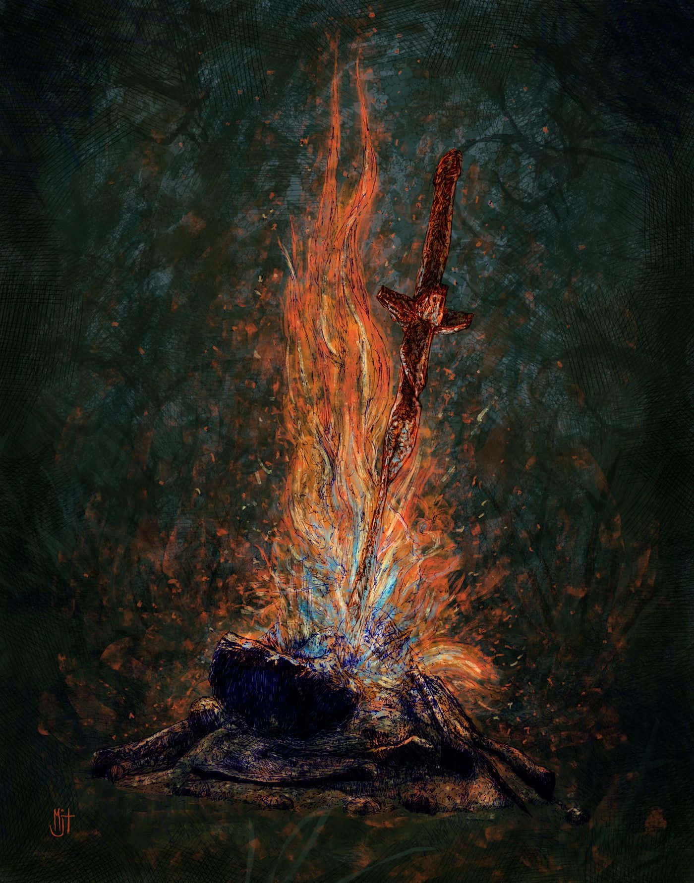 Dark Souls Bonfire 桌布 壁紙 — 一把在火中鍛造的劍，在黑暗紋理背景上閃耀著熾熱的餘燼和強烈的橙色火焰。