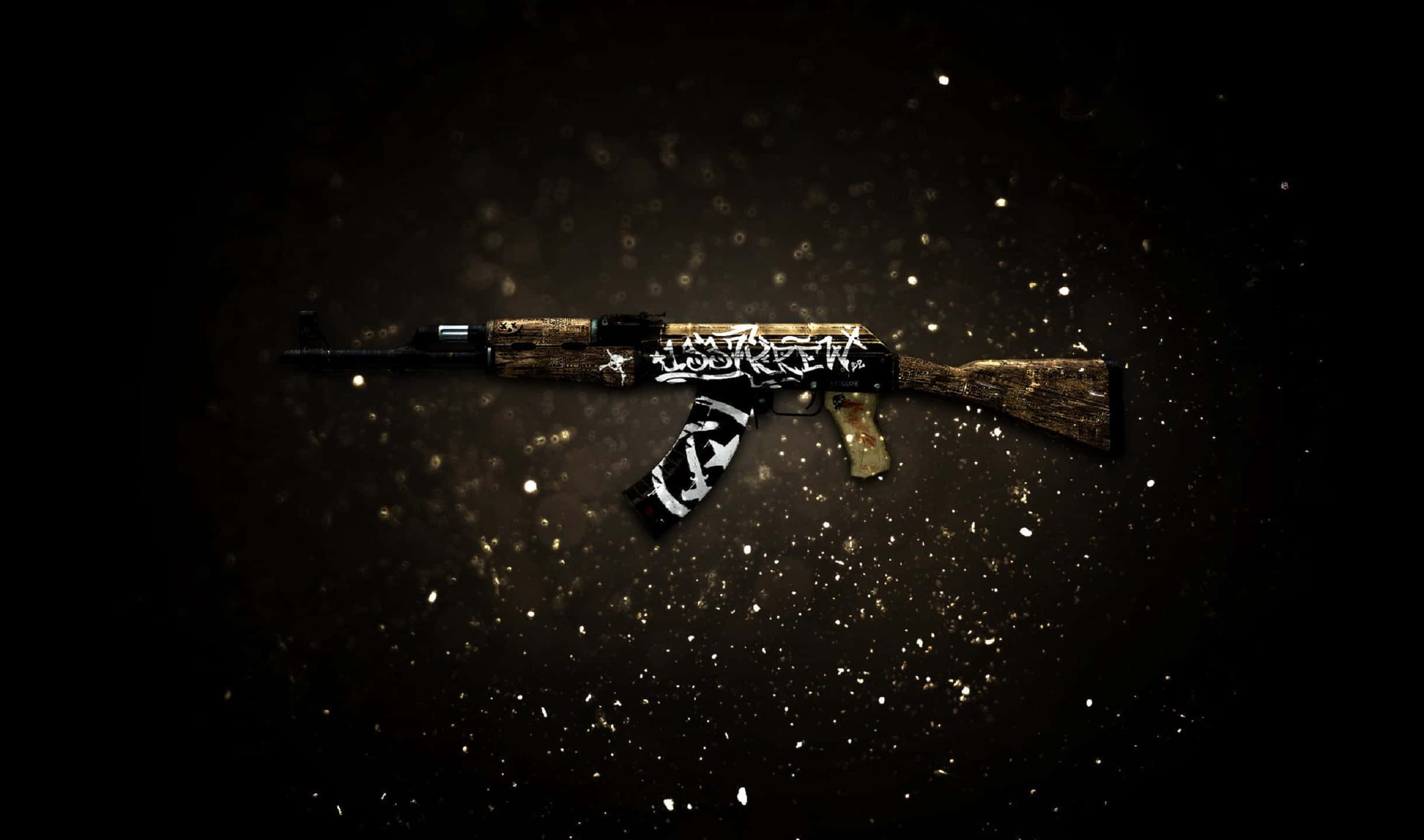 2440x1440 Counter-strike Global Offensive 桌布 壁紙 — 一把塗滿塗鴉的AK-47步槍置中於黑暗背景上，散佈著發光粒子。