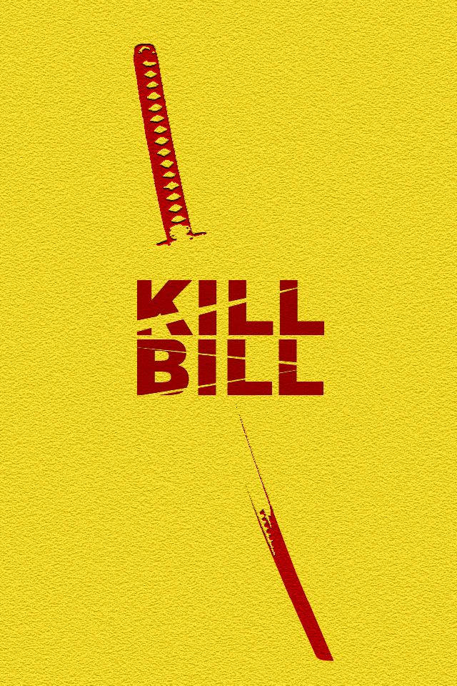 追殺比爾 桌布 壁紙 — 一把大膽的紅色武士刀和磨損字體的「KILL BILL」文字在紋理黃色背景上脫穎而出。