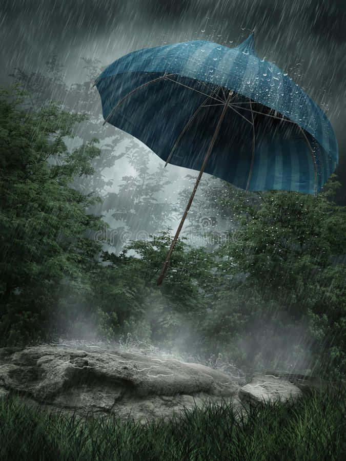 Umbrella 桌布 壁紙 — 一把孤獨的藍色條紋雨傘在暴雨中漂浮在霧氣籠罩的森林岩石和綠植之上。