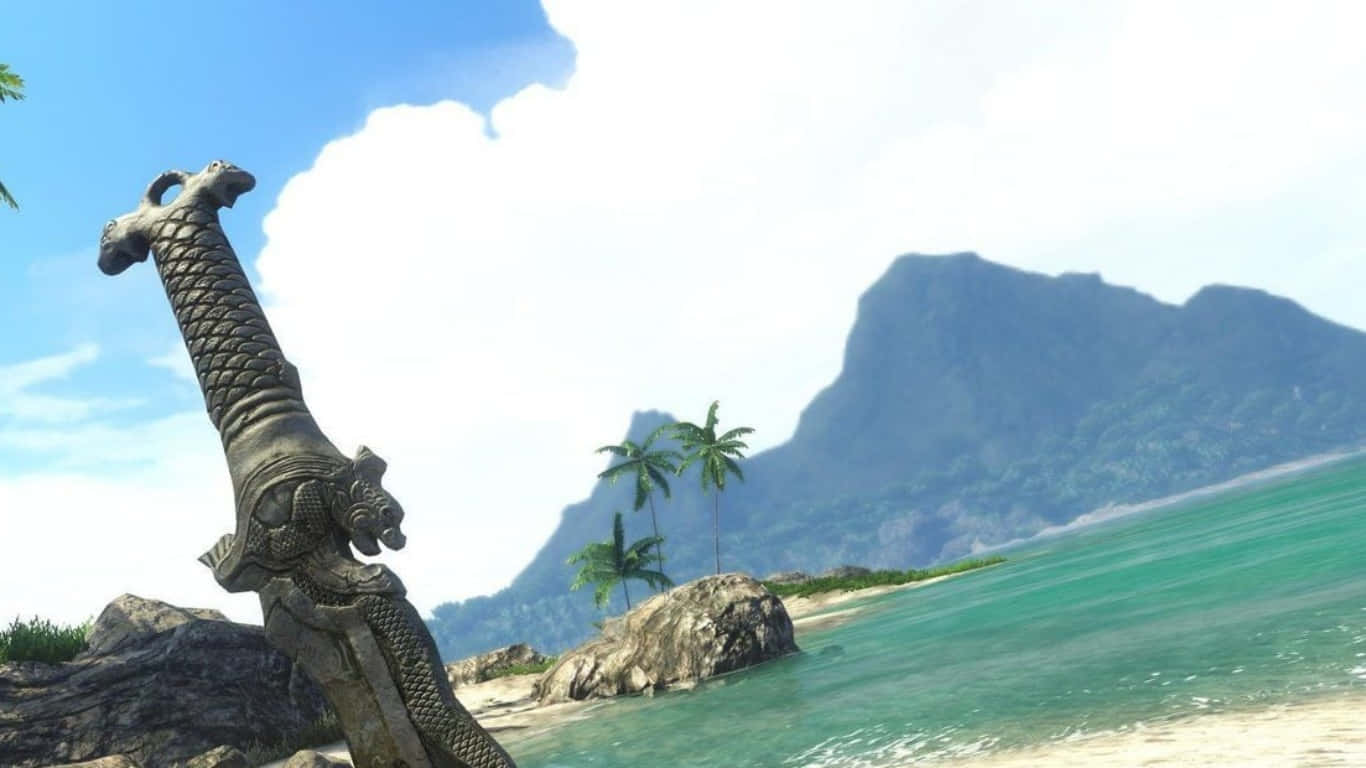 1366x768 Far Cry 3 桌布 壁紙 — 一把巨大的華麗劍嵌在熱帶海灘上，背景有棕櫚樹和山脈，天空明亮。