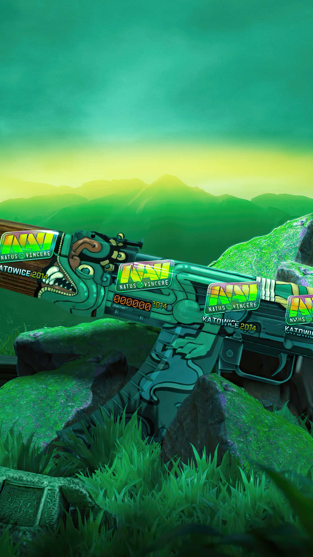 Android Counter-strike Global Offensive 桌布 壁紙 — 一把帶有 'Natus Vincere' 貼紙的螢光綠和黃色定制 AK-47 步槍，放置在長滿苔蘚的岩石上，背景是發光的綠色山脈。