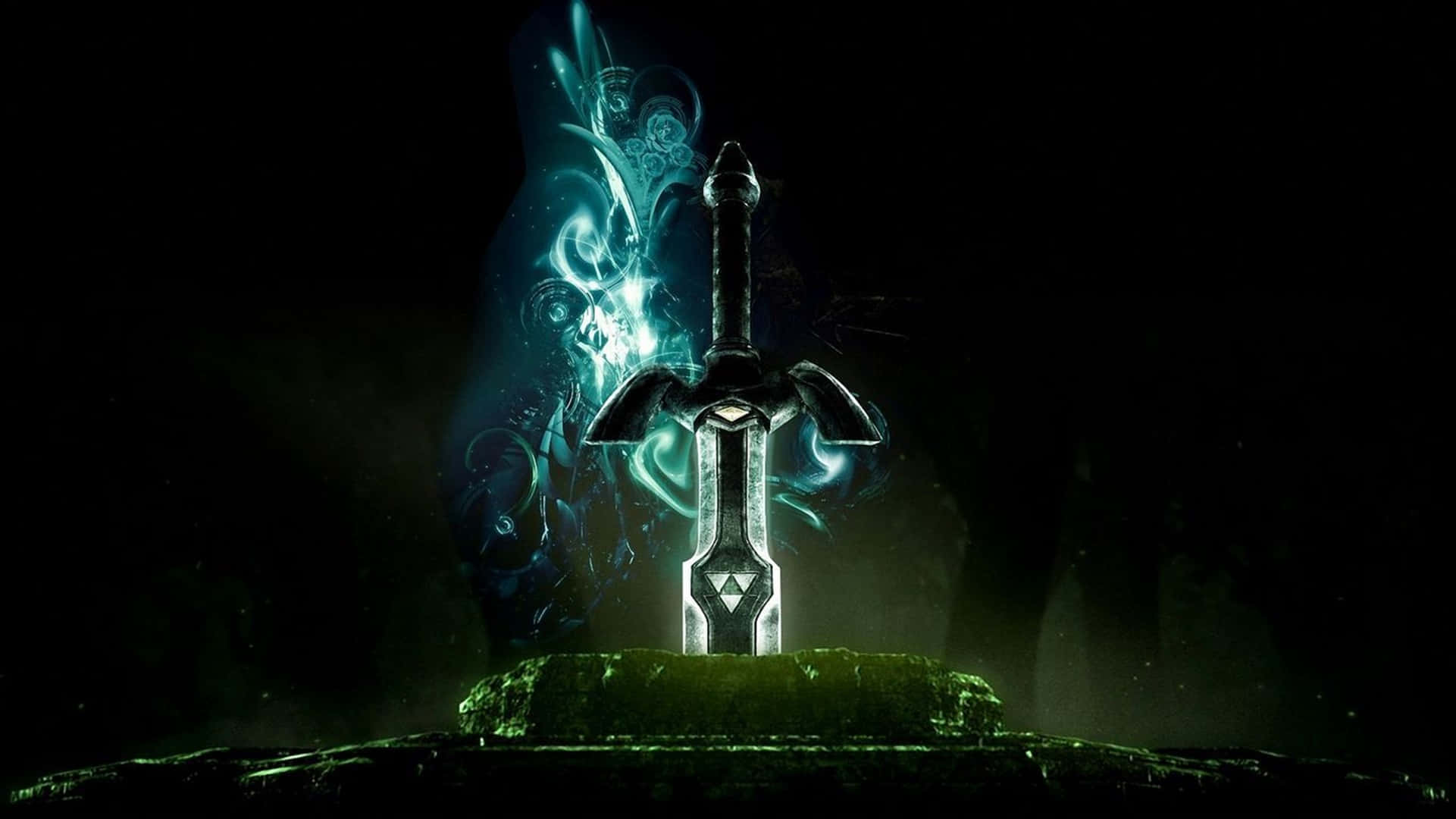 game 桌布 壁紙 — 一把帶有三角力量標誌的發光劍直立於長滿青苔的石基座上，背景黑暗，有旋轉的藍色能量。