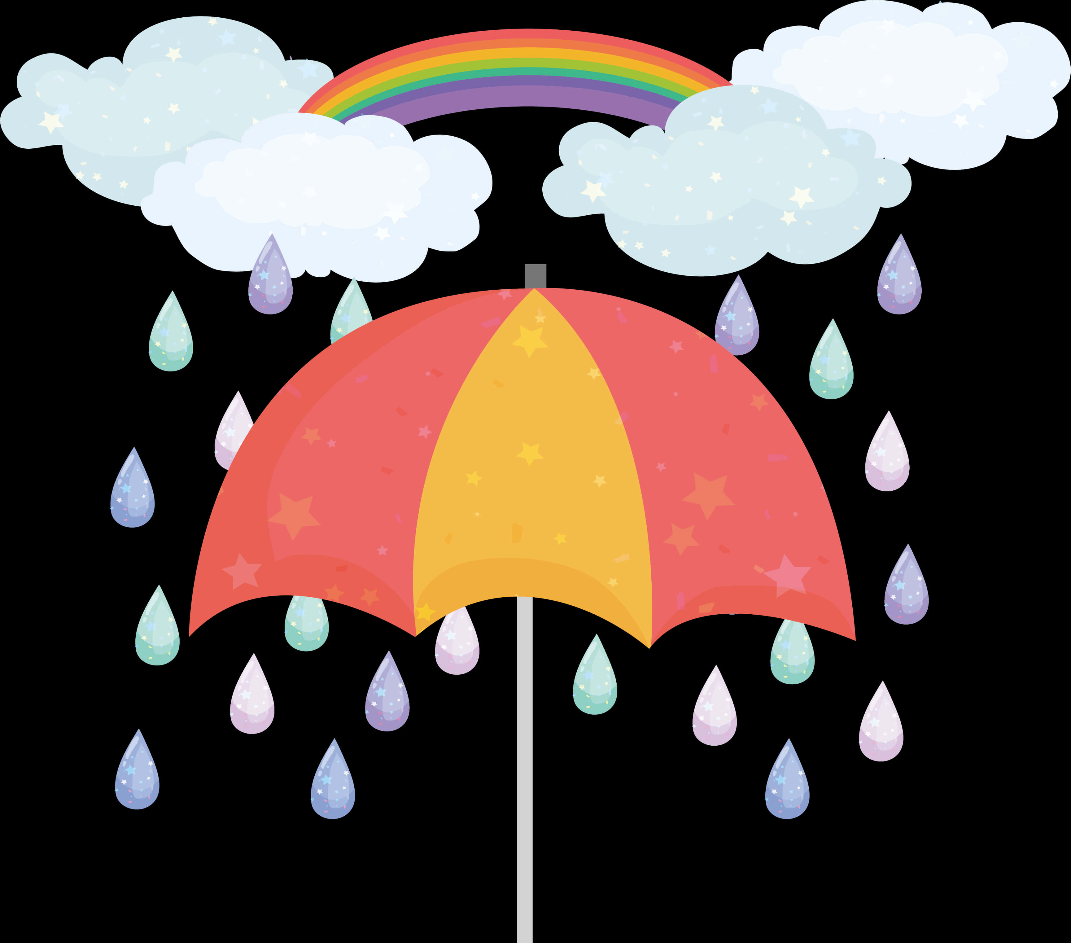 下雨 桌布 壁紙 — 一把帶有星星圖案的彩色雨傘在彩虹下遮雨，雨滴從星空雲層中落在黑色背景上。