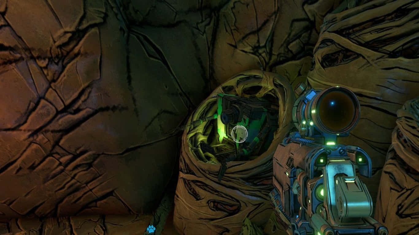 1366x768 Borderlands 3 桌布 壁紙 — 一把帶有發光綠色裝飾的未來步槍，放在岩石洞穴中一具木乃伊外星生物旁邊。