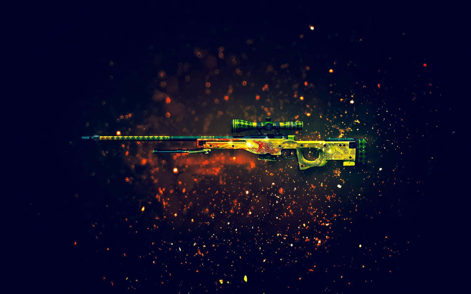 Counterstrike 桌布 壁紙 — 一把帶有發光綠色點綴的金色狙擊步槍在黑暗宇宙背景中漂浮於熾熱的橙色火花之間。