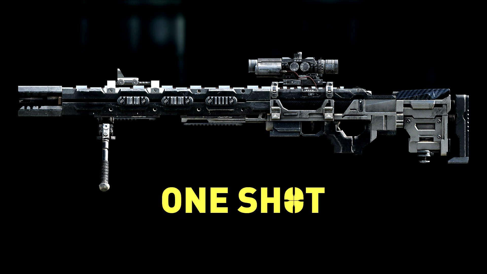 Call Of Duty Weapons 桌布 壁紙 — 一把帶有發光裝飾和瞄準鏡的未來風格狙擊步槍，漂浮在黑色背景上，並有粗體黃色文字寫著「ONE SHOT」。
