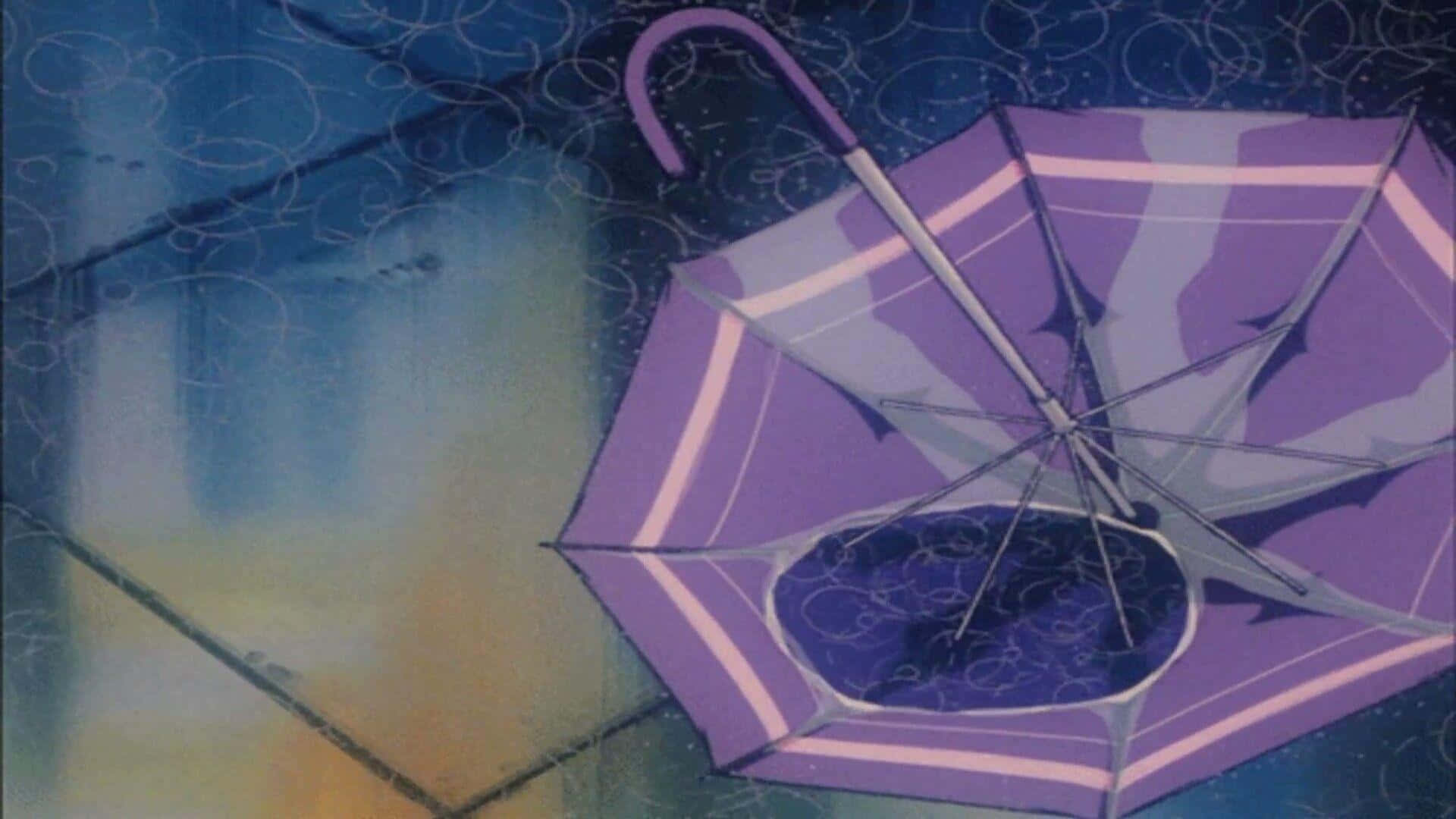 動漫 桌布 壁紙 — 一把帶有白色條紋的紫色雨傘擱在潮濕的瓷磚地上，上方是旋轉的藍天。