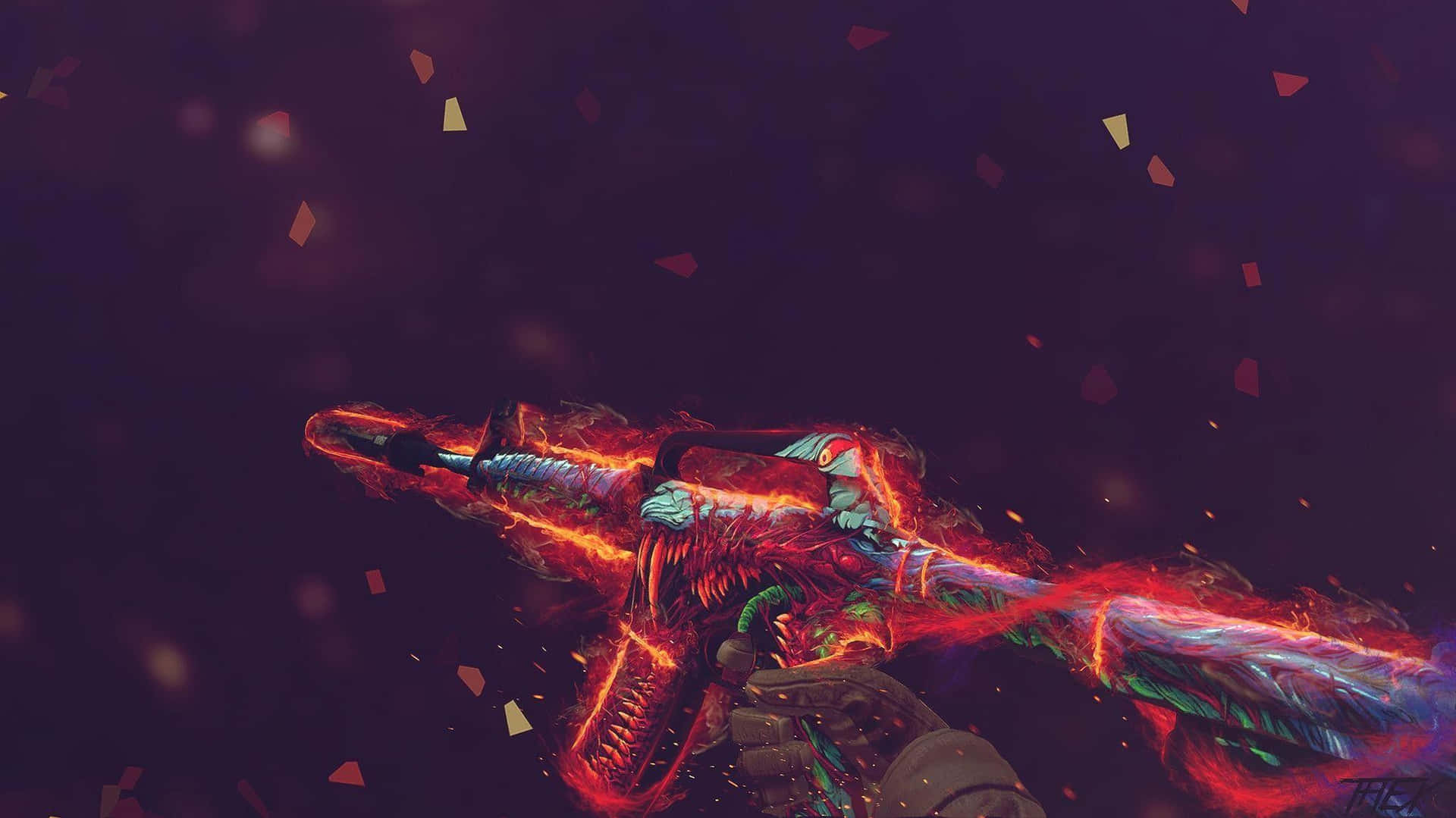Counterstrike 桌布 壁紙 — 一把帶有藍色點綴和浮動幾何粒子的熾熱發光步槍，背景為深紫色。