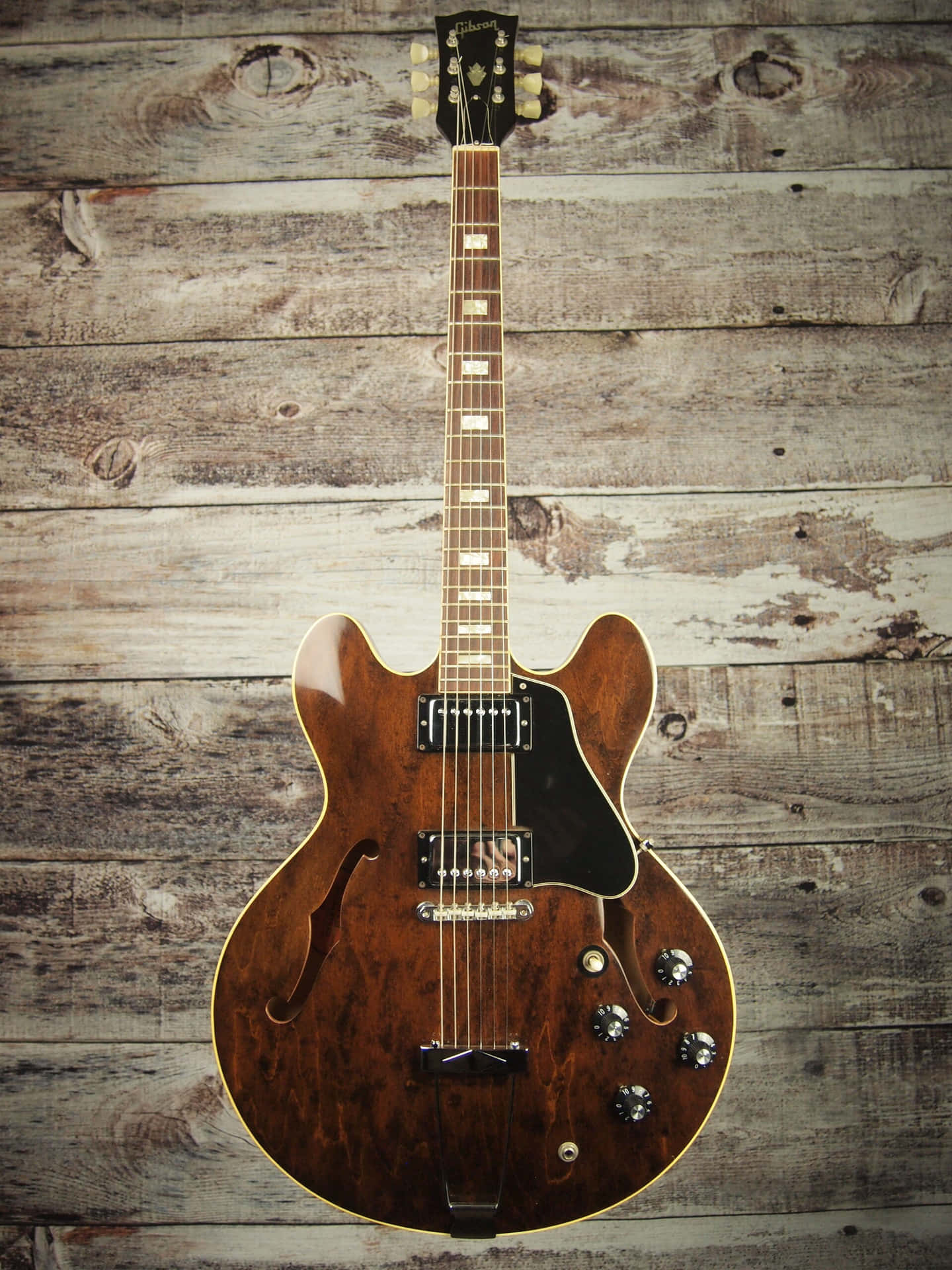 Guitar Aesthetic 桌布 壁紙 — 一把帶有金色配件的復古旭日紋電吉他靠在風化的木板上。