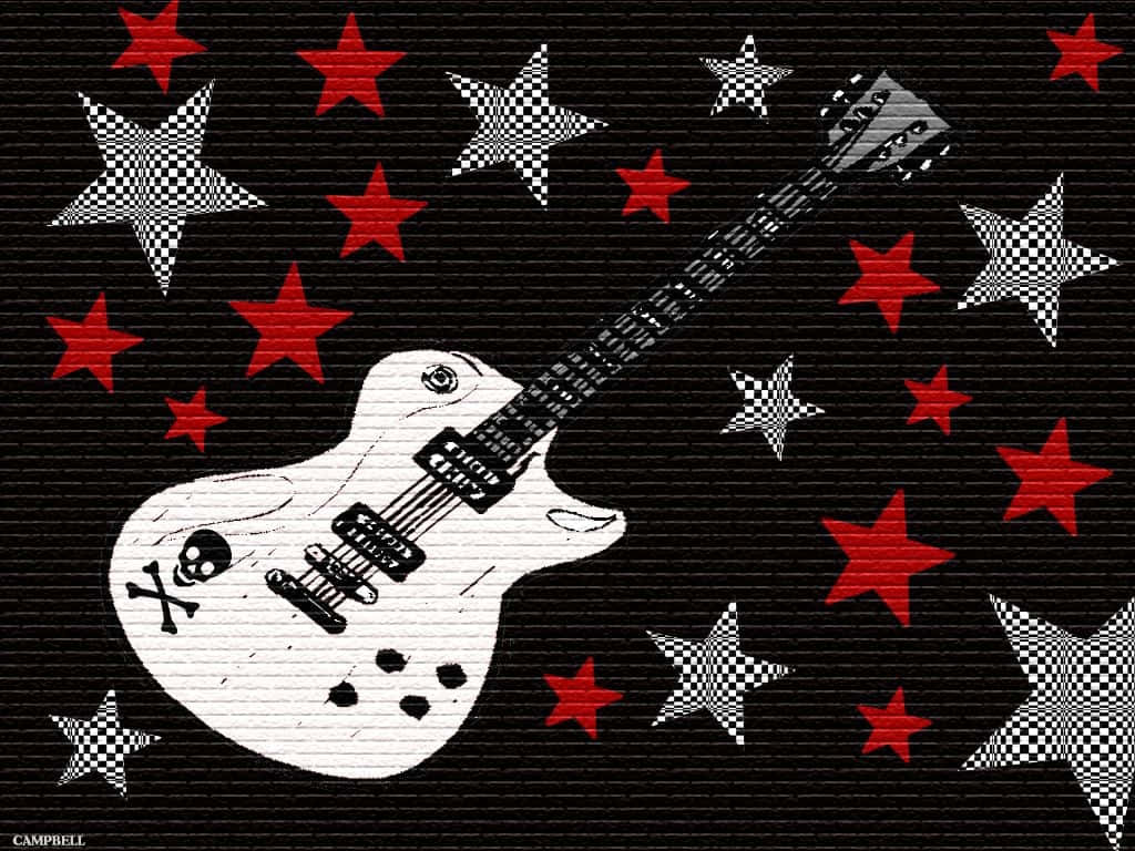 guitar player 桌布 壁紙 — 一把帶有骷髏標誌的白色電吉他漂浮在紅色星星和格子星星之間，背景為紋理黑色。
