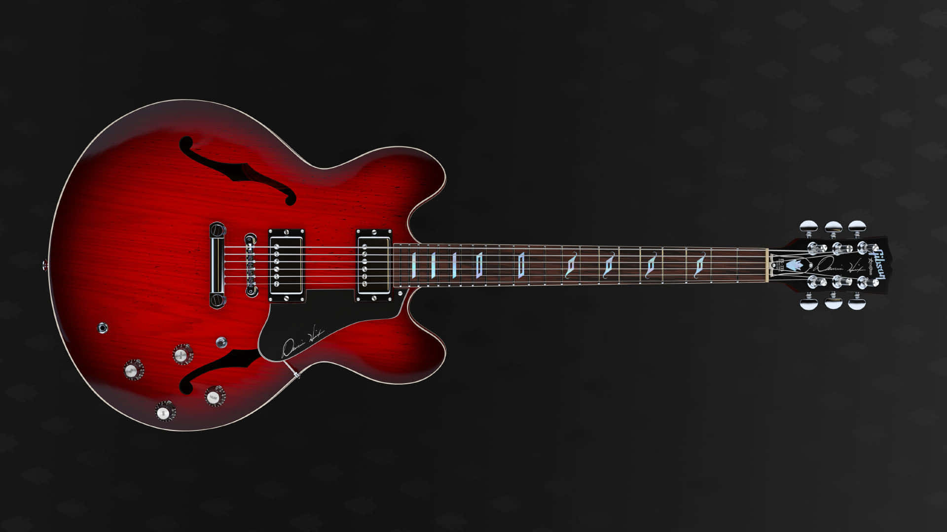 Guitar Aesthetic 桌布 壁紙 — 一把帶有黑色護板及琴格標記的亮面紅色電吉他，斜放在深色紋理背景上。