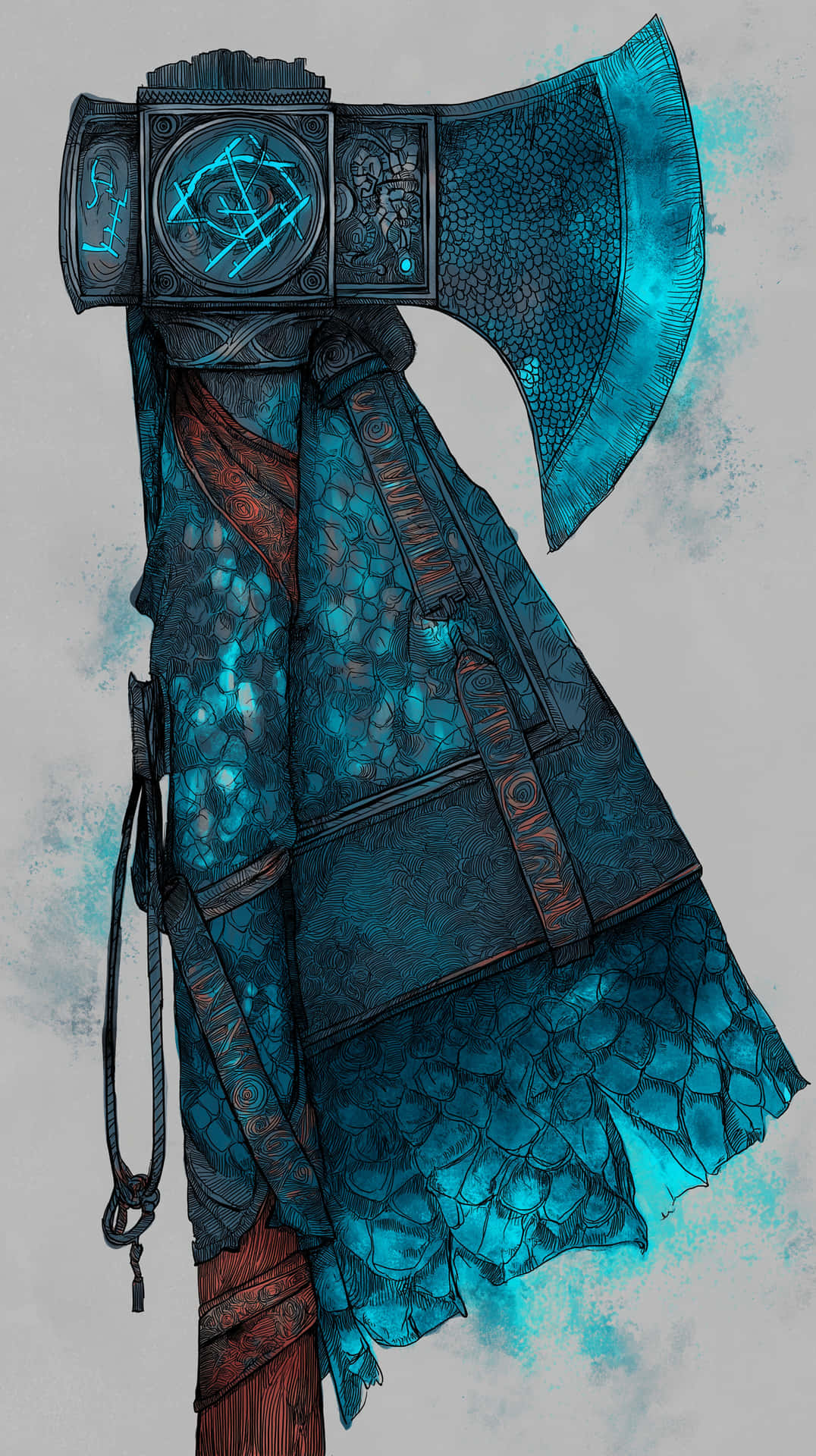 Ancient Battle Axe with Runes, Fantasy Weapon Artwork 壁紙 — 一把幻想風格的斧頭，斧頭上有發光的藍色符文，帶紋理的藍色鱗片刀身包裹在相配的藍色鱗片布中。
