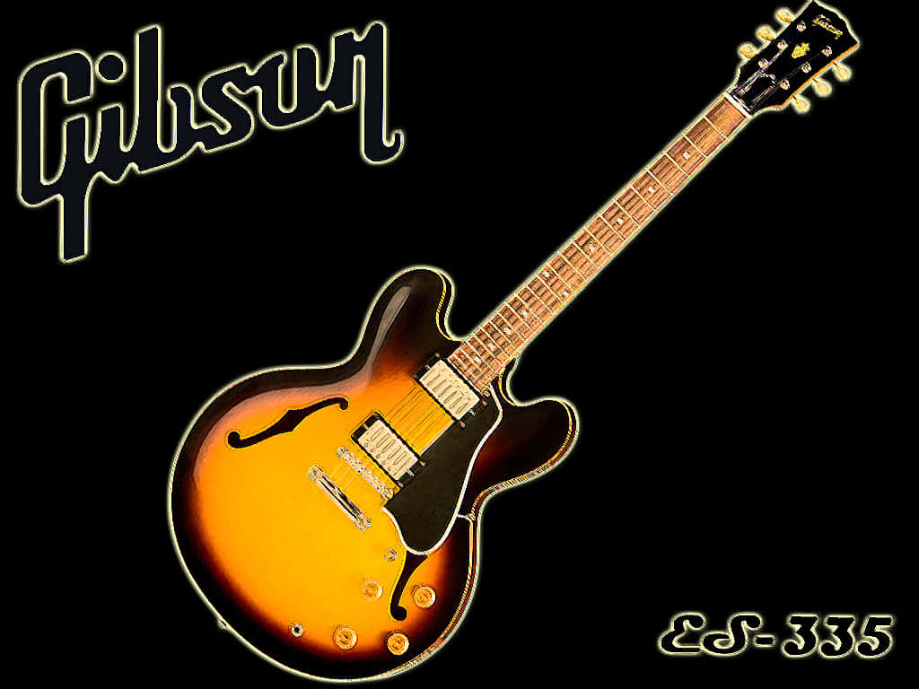 桌布 壁紙 — 一把復古Gibson ES-335電吉他，帶有旭日紋飾面，在黑色背景上發光，帶有發光的標誌和型號文字。
