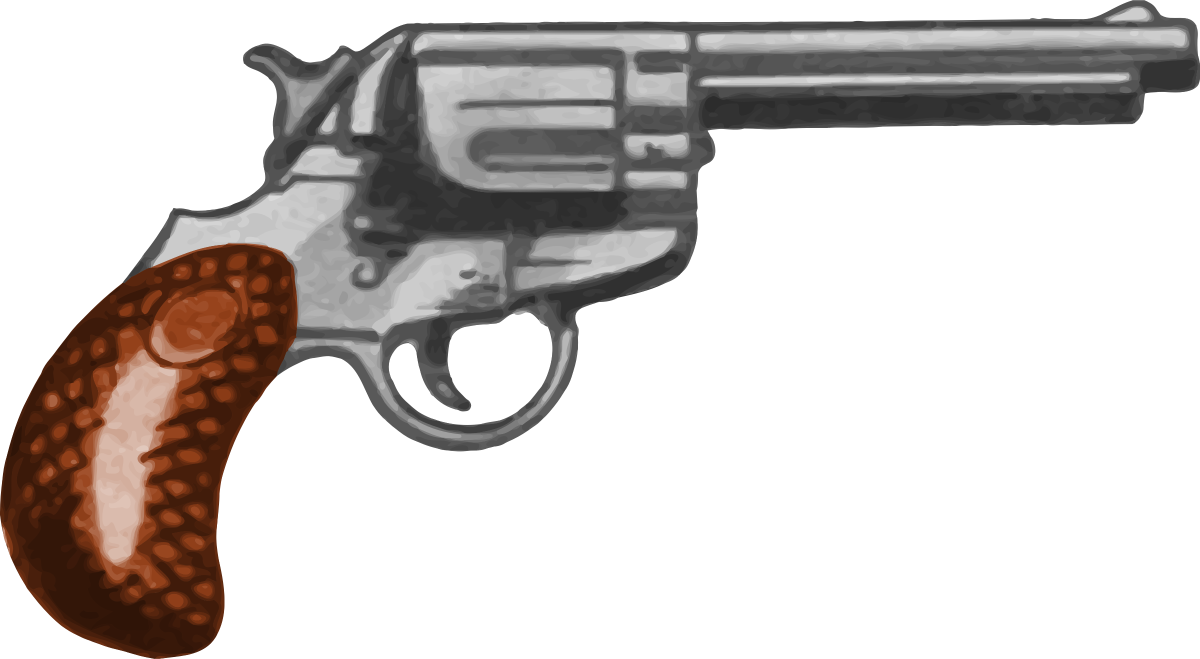 revolver 桌布 壁紙 — 一把復古左輪手槍，帶有棕色紋理握把和銀色槍管，在純黑背景下展示。