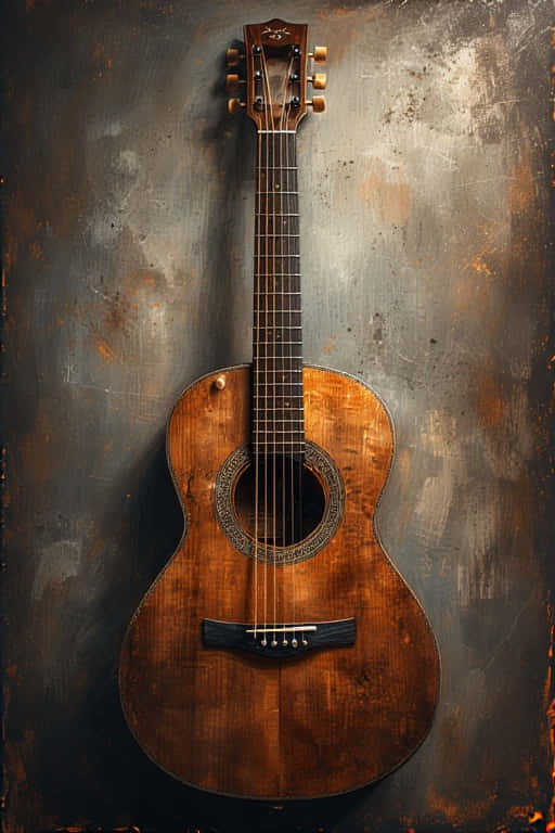 Beautiful Classical Guitar 4K 壁紙 — 一把復古木吉他掛在帶有鏽跡和紋理的風化金屬牆上。