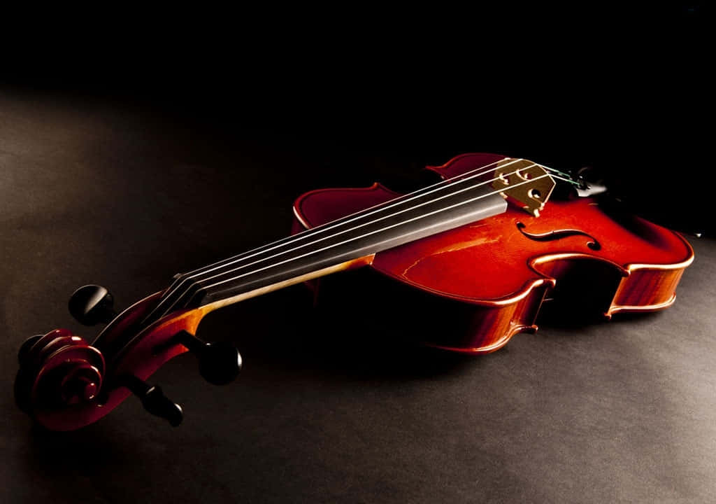 violin 桌布 壁紙 — 一把拋光精良的小提琴斜放在黑暗的表面上，在戲劇性的聚光燈下。