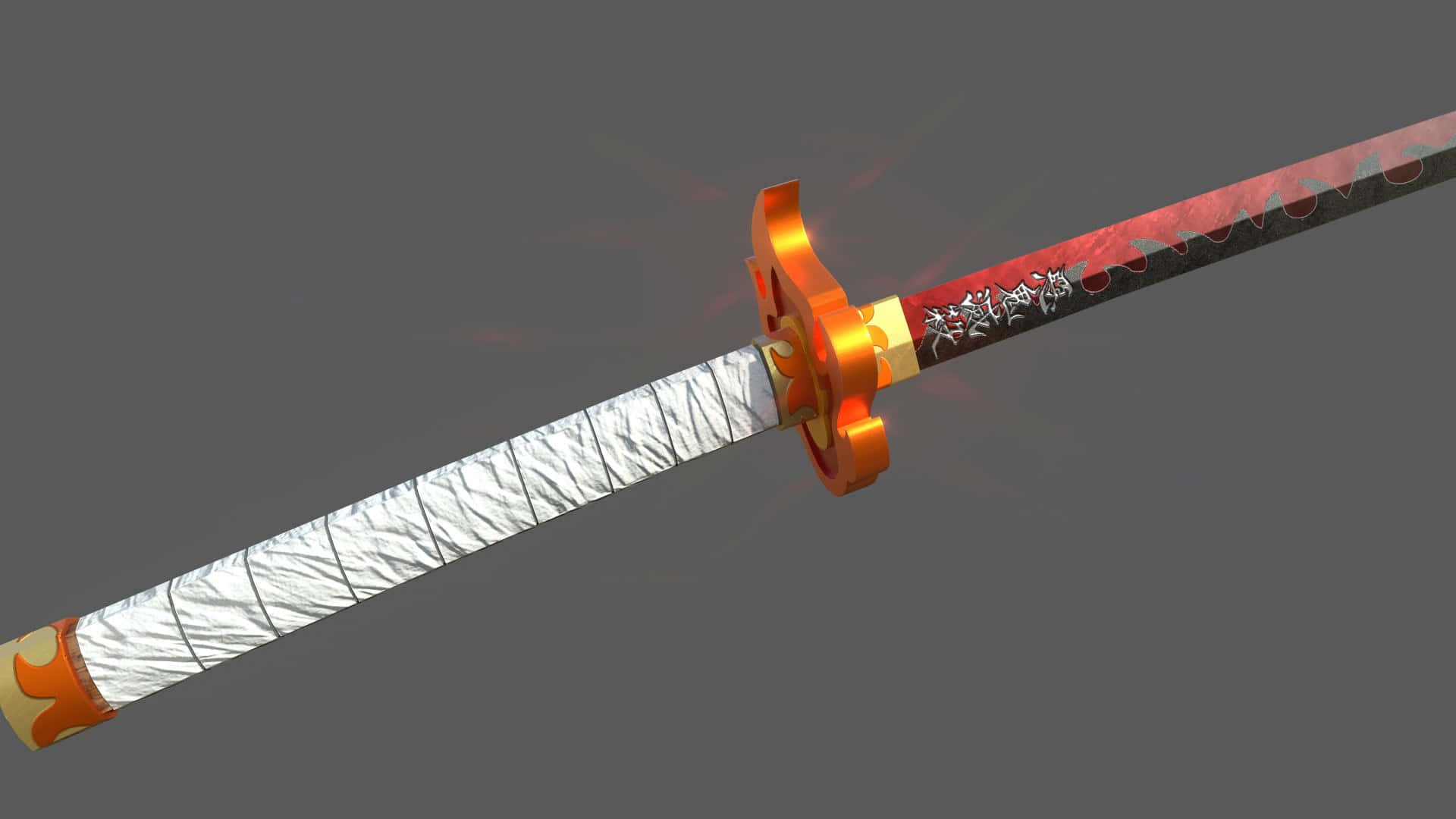 Nichirin Blades 桌布 壁紙 — 一把數位渲染的武士刀，帶有發光的橙色刀柄和紅色刀身，刀身上有日文字元，背景為灰色。