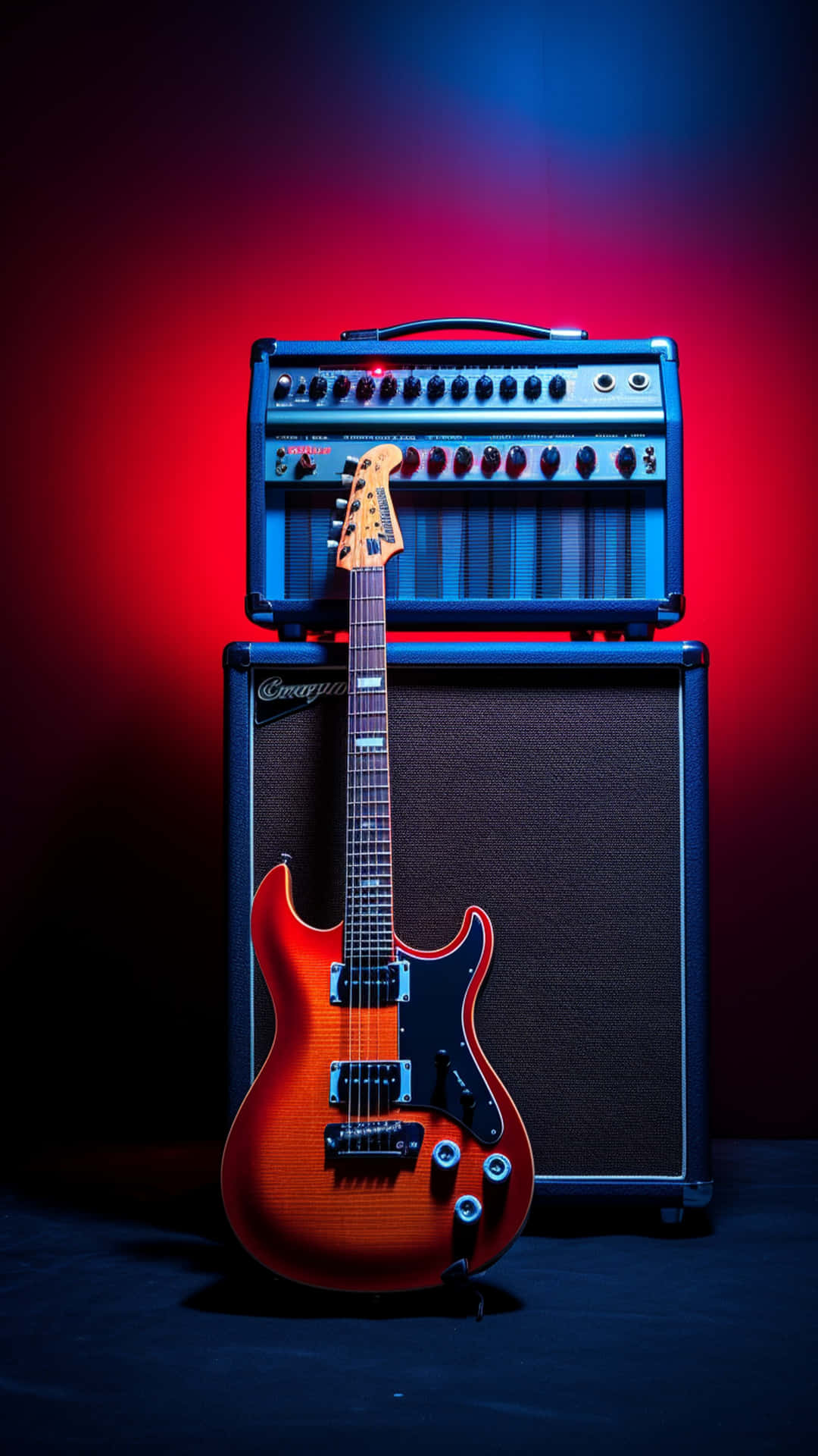 Neon guitar and black background 壁紙 — 一把旭日紋電吉他直立於疊起的黑色擴音器前，背景為鮮豔的紅藍漸變色。