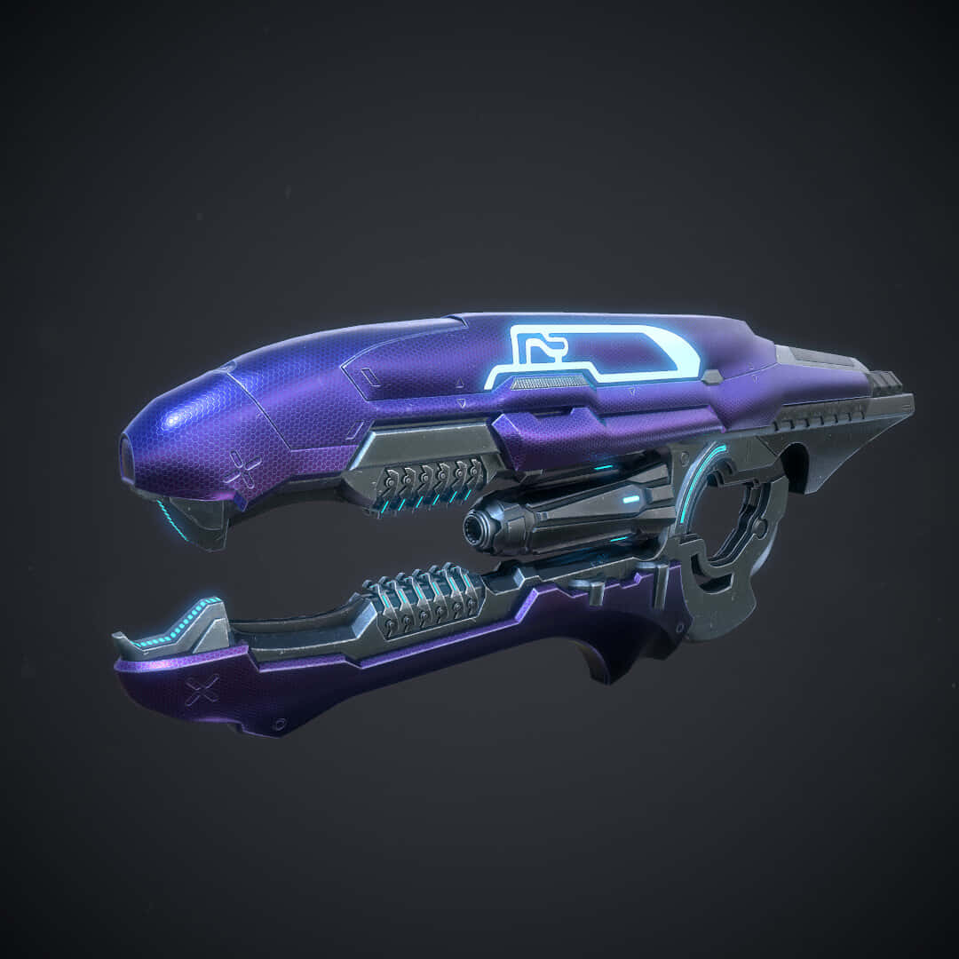 Plasma Rifle 桌布 壁紙 — 一把時尚未來風格的紫色和銀色科幻武器，在黑暗背景上帶有發光的藍色霓虹燈點綴。