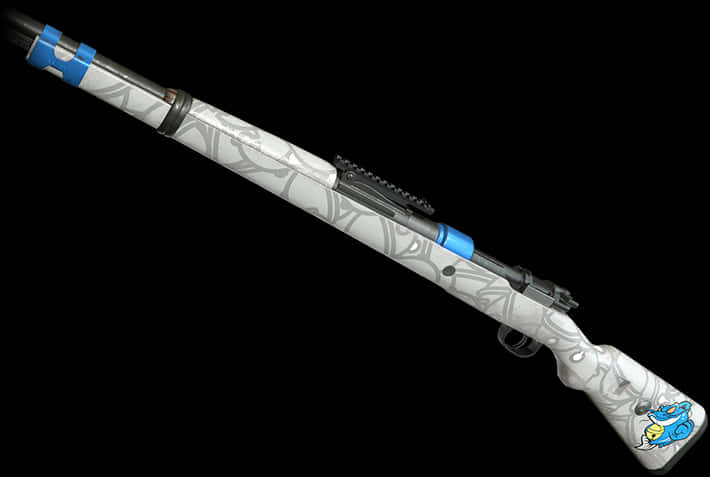 Shotgun 桌布 壁紙 — 一把時尚步槍，帶有白色和藍色部落圖案以及卡通青蛙貼紙，背景為黑色。