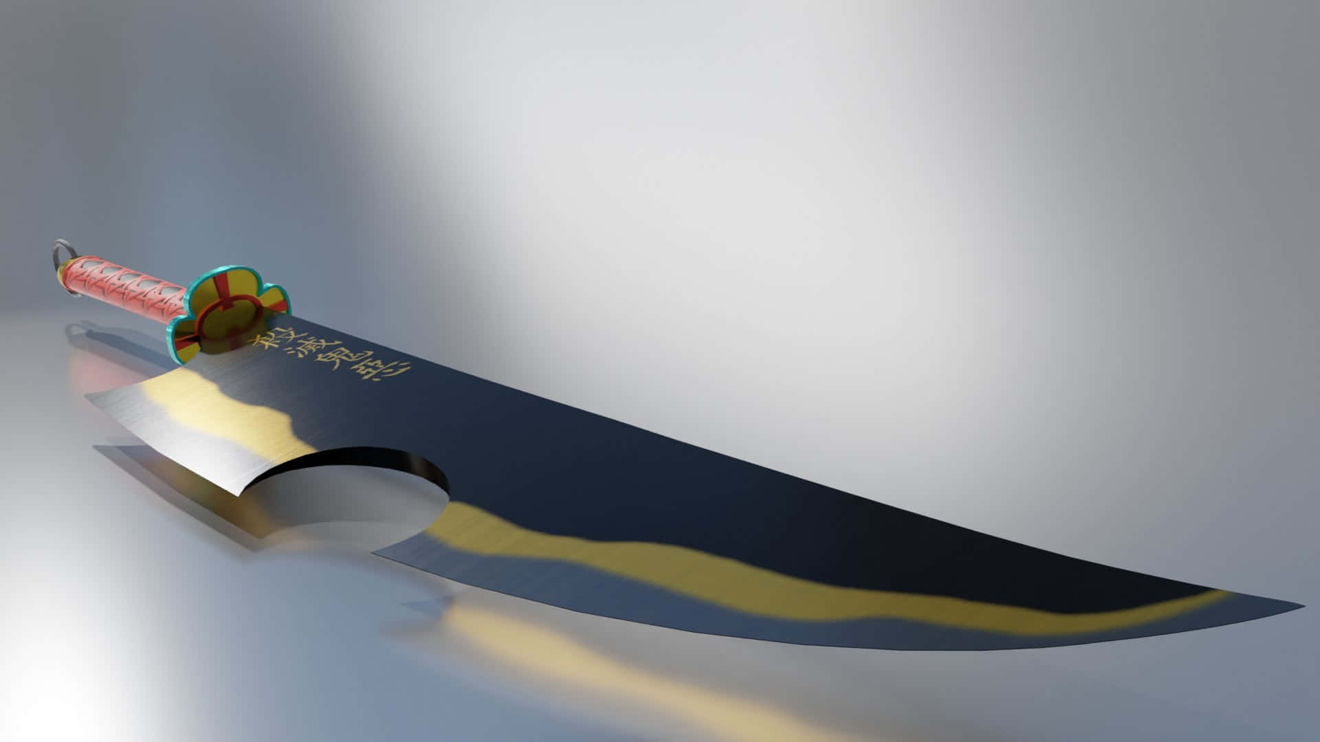 Nichirin Blades 桌布 壁紙 — 一把時尚的未來主義劍，黑色劍刃配金色裝飾，在柔和的工作室燈光下置於簡約灰色表面上。