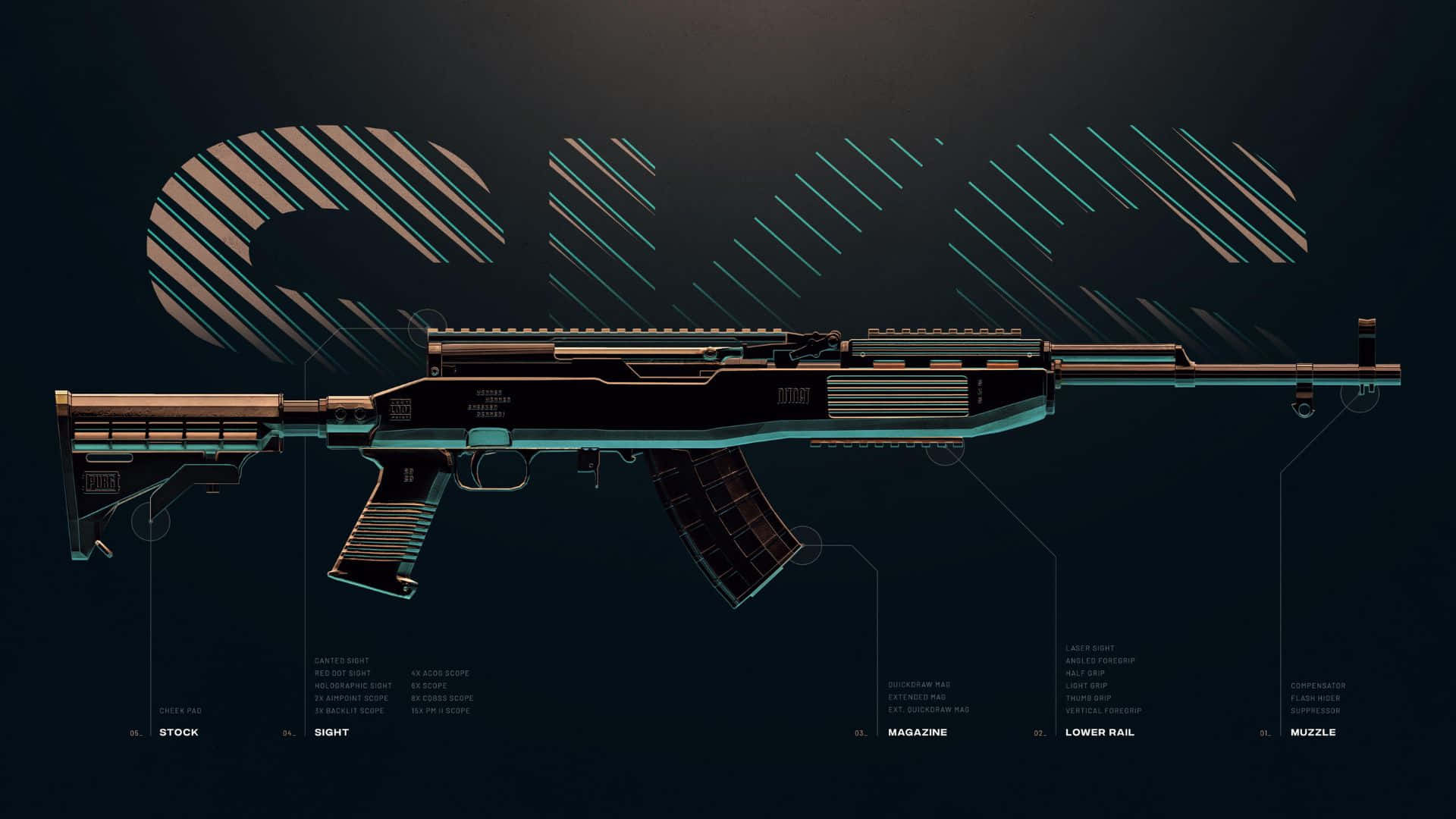 Pubg Guns 桌布 壁紙 — 一把時尚的未來步槍，帶有發光的青綠色點綴和標籤部件，背景為深色，帶有抽象幾何形狀。