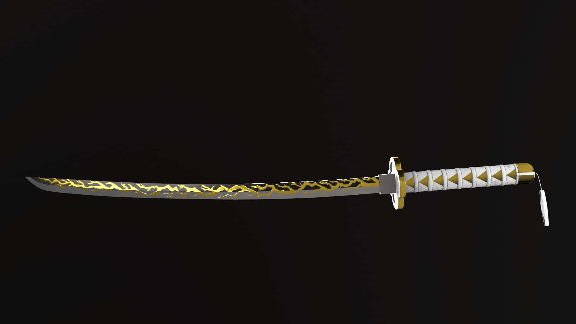 Nichirin Blades 桌布 壁紙 — 一把時尚的武士刀，刀身上帶有金色閃電圖案，靠在純黑色背景上。