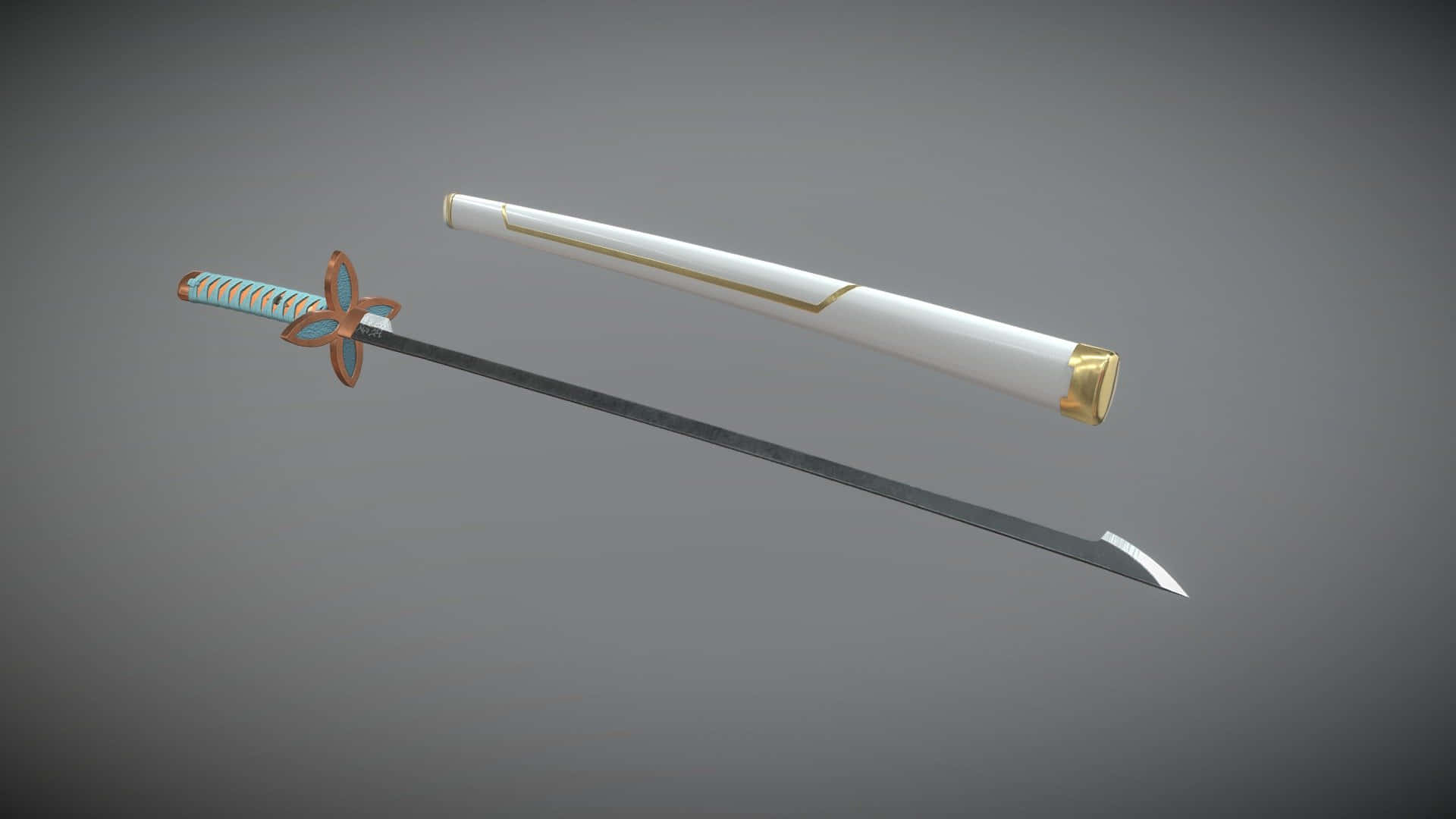 Nichirin Blades 桌布 壁紙 — 一把時尚的武士刀，配有藍綠色刀柄和金色點綴，放在白色刀鞘旁邊，背景為中性灰色。