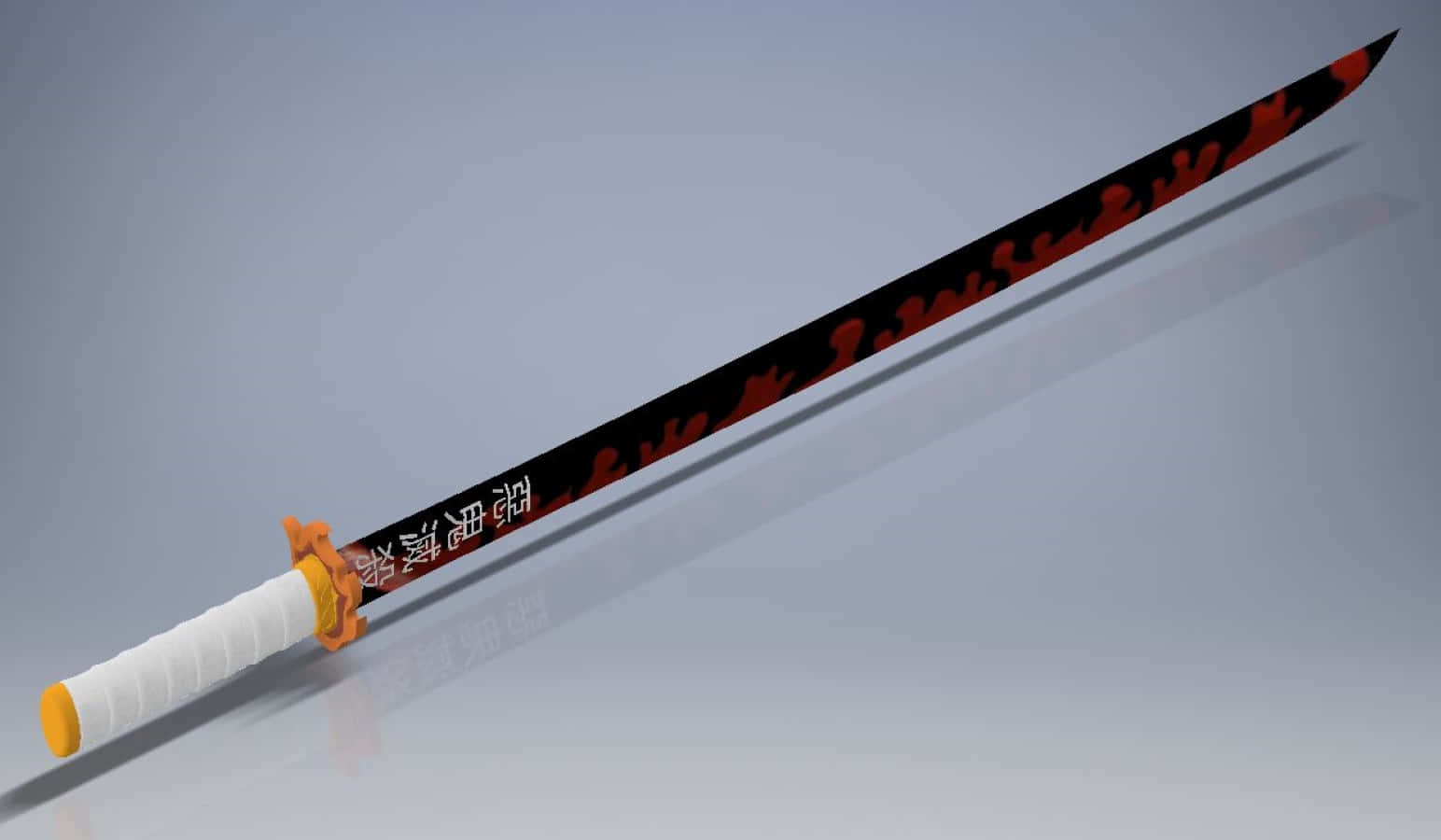 Rengoku Sword 桌布 壁紙 — 一把時尚的武士刀，黑色刀身飾有紅色火焰圖案和白色日文字元，斜放在極簡灰色表面上。