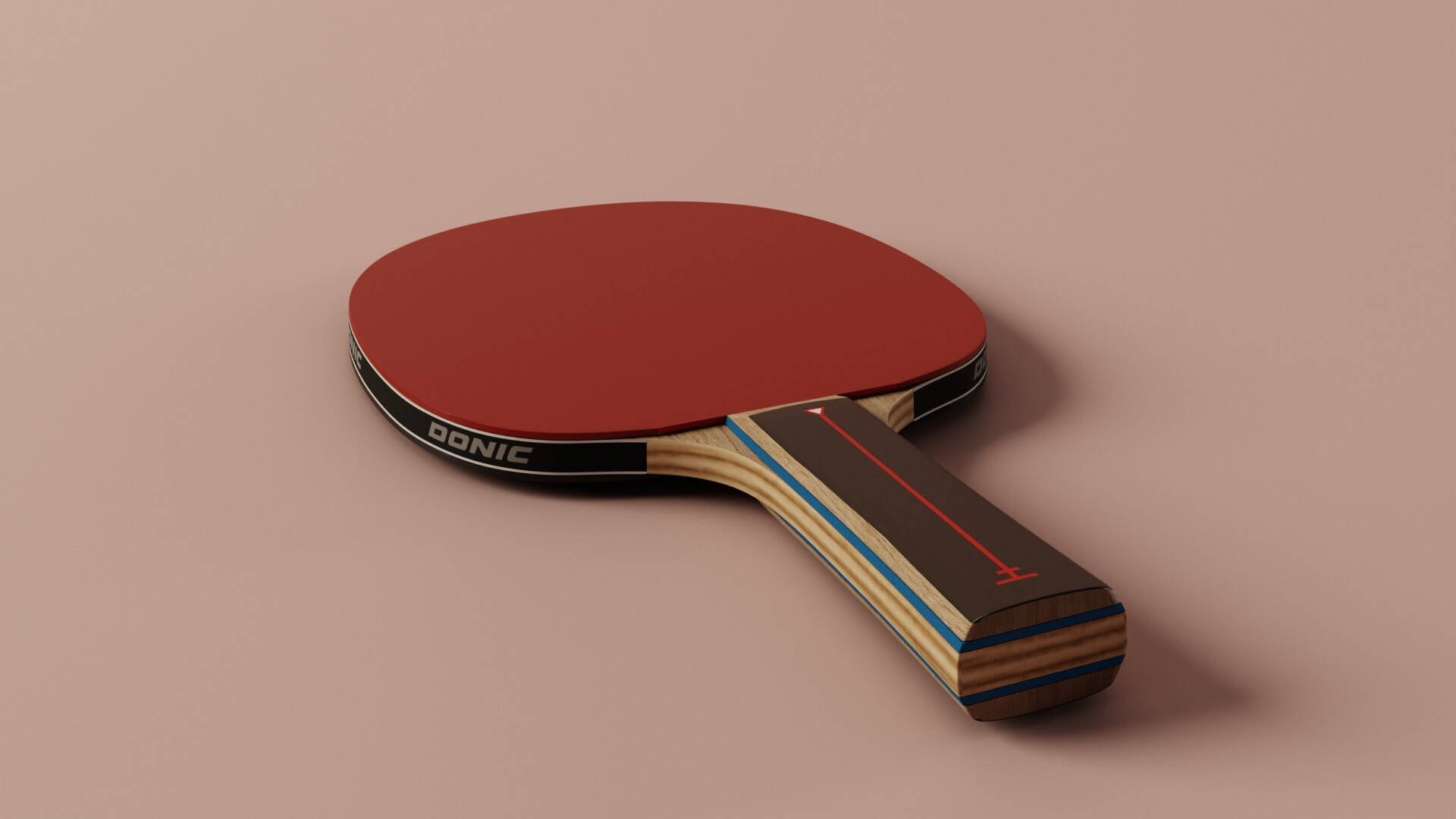 Table Tennis 桌布 壁紙 — 一把時尚的紅色Donic乒乓球拍，搭配木製手柄，放置在柔和的粉紅色背景上。