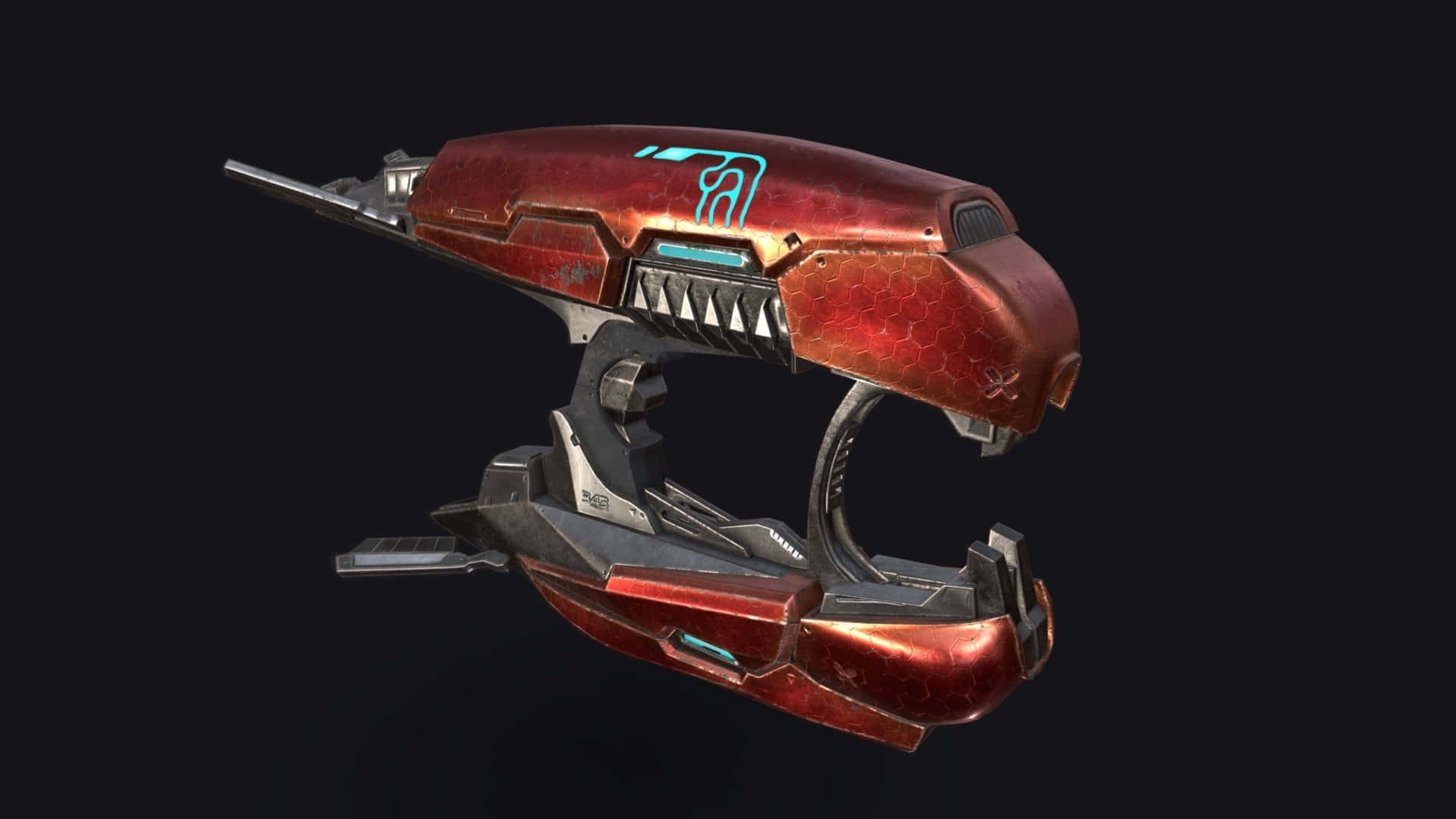 Plasma Rifle 桌布 壁紙 — 一把時尚的紅黑未來感武器，帶有發光藍色點綴和六邊形紋理，背景為深色。