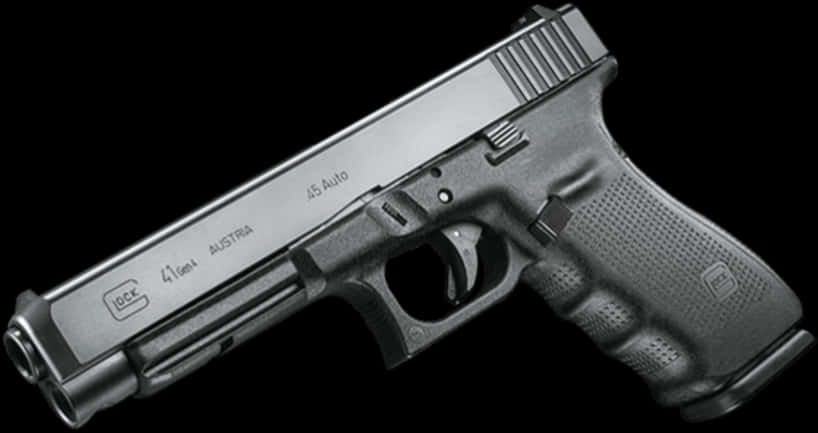 克拉克 桌布 壁紙 — 一把時尚的銀色 Glock 41 Gen4 手槍，帶有 '45 Auto' 刻字，斜靠在純黑背景上。