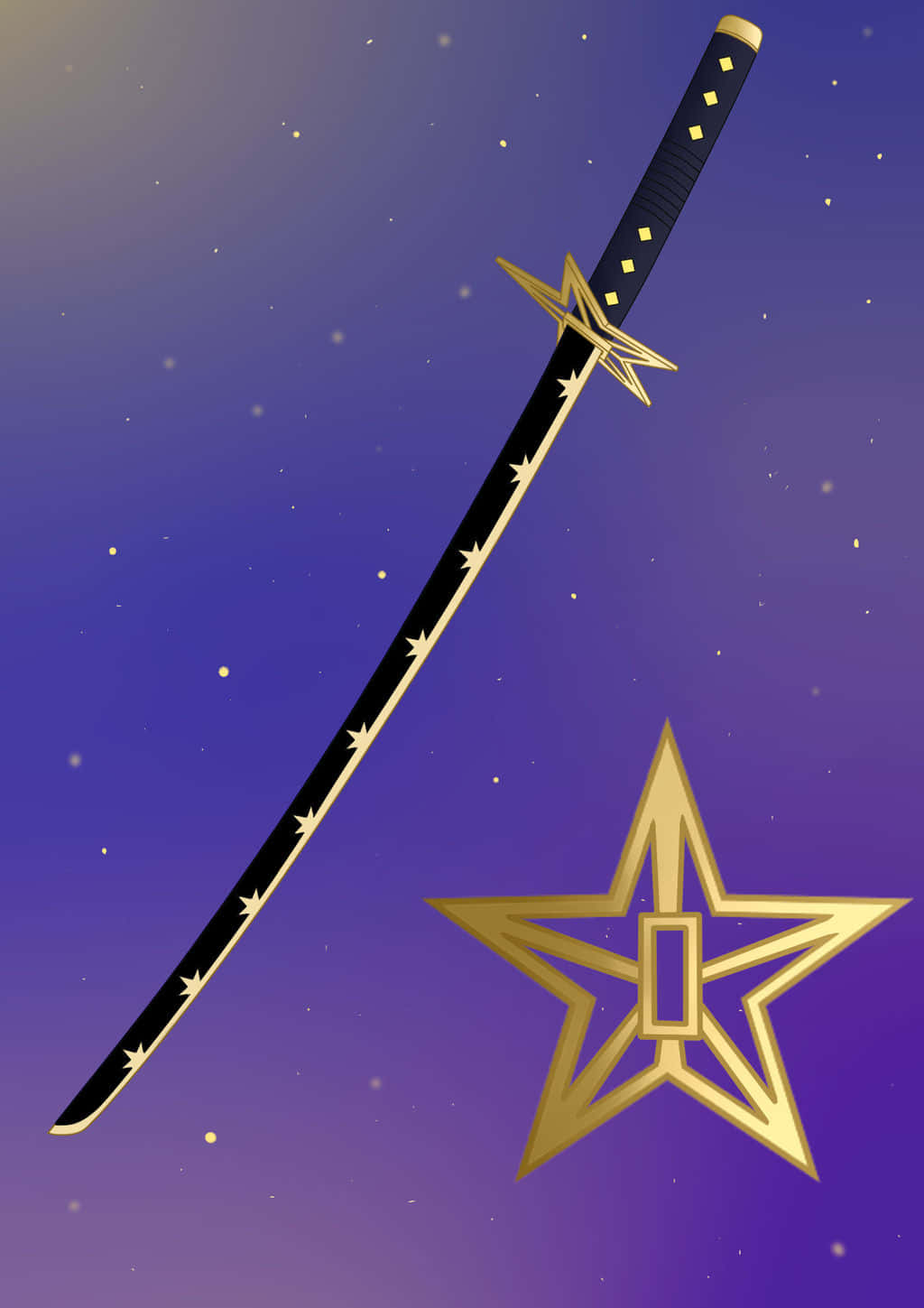 Nichirin Blades 桌布 壁紙 — 一把時尚的黑色劍，帶有金色星星裝飾和劍柄，在繁星點點的紫色漸變天空中以對角線漂浮，旁邊有一顆巨大的金色星星。