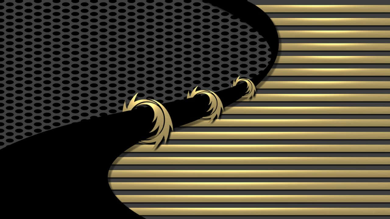 High Resolution Black And Gold 桌布 壁紙 — 一把時尚的黑色吉他帶有金色點綴，在穿孔的黑金條紋背景上彎曲。