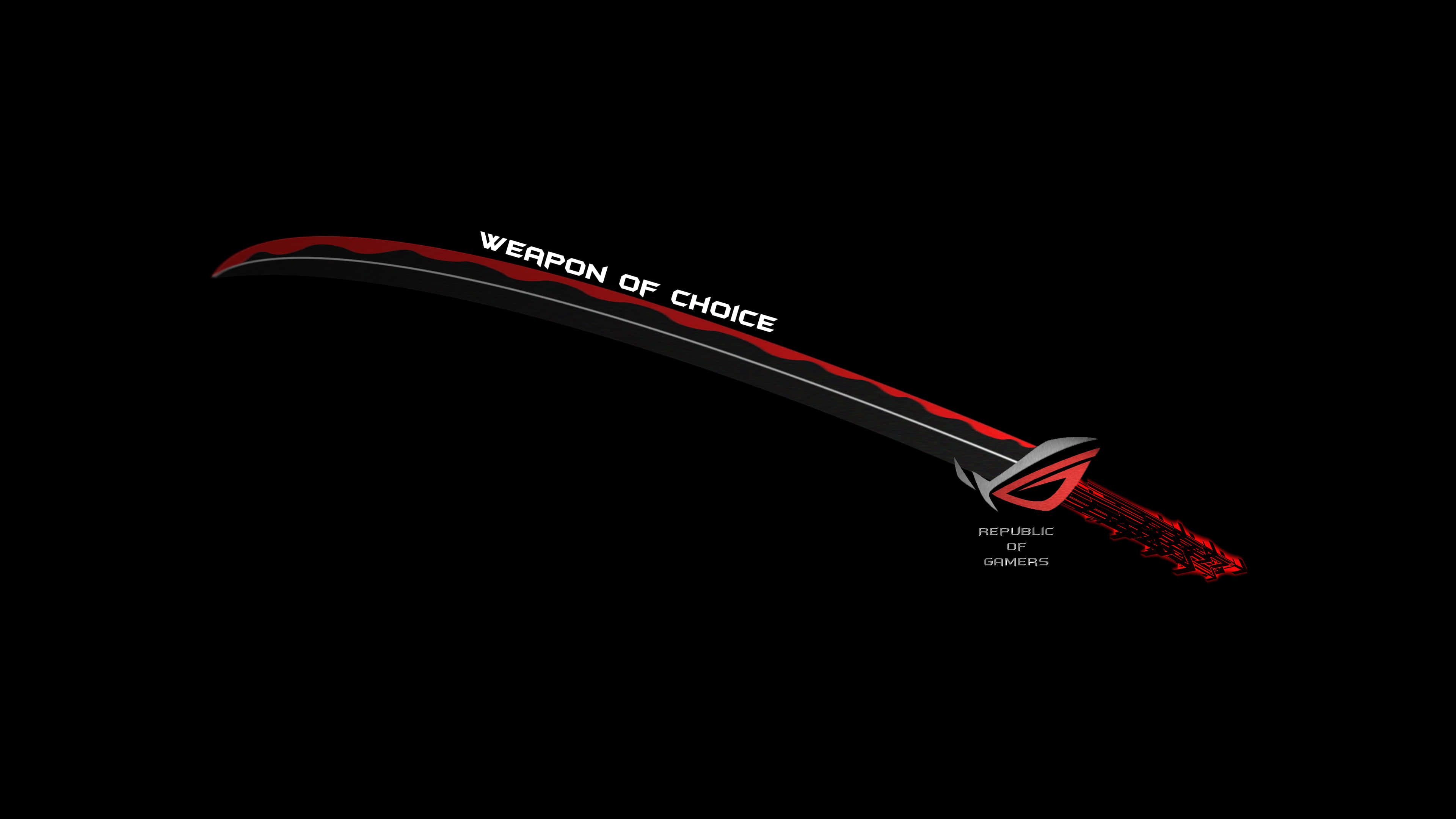 華碩 ROG 桌布 壁紙 — 一把時尚的黑色和紅色彎曲刀刃，帶有 'WEAPON OF CHOICE' 文字和 ROG 標誌，在純黑色背景上發光。