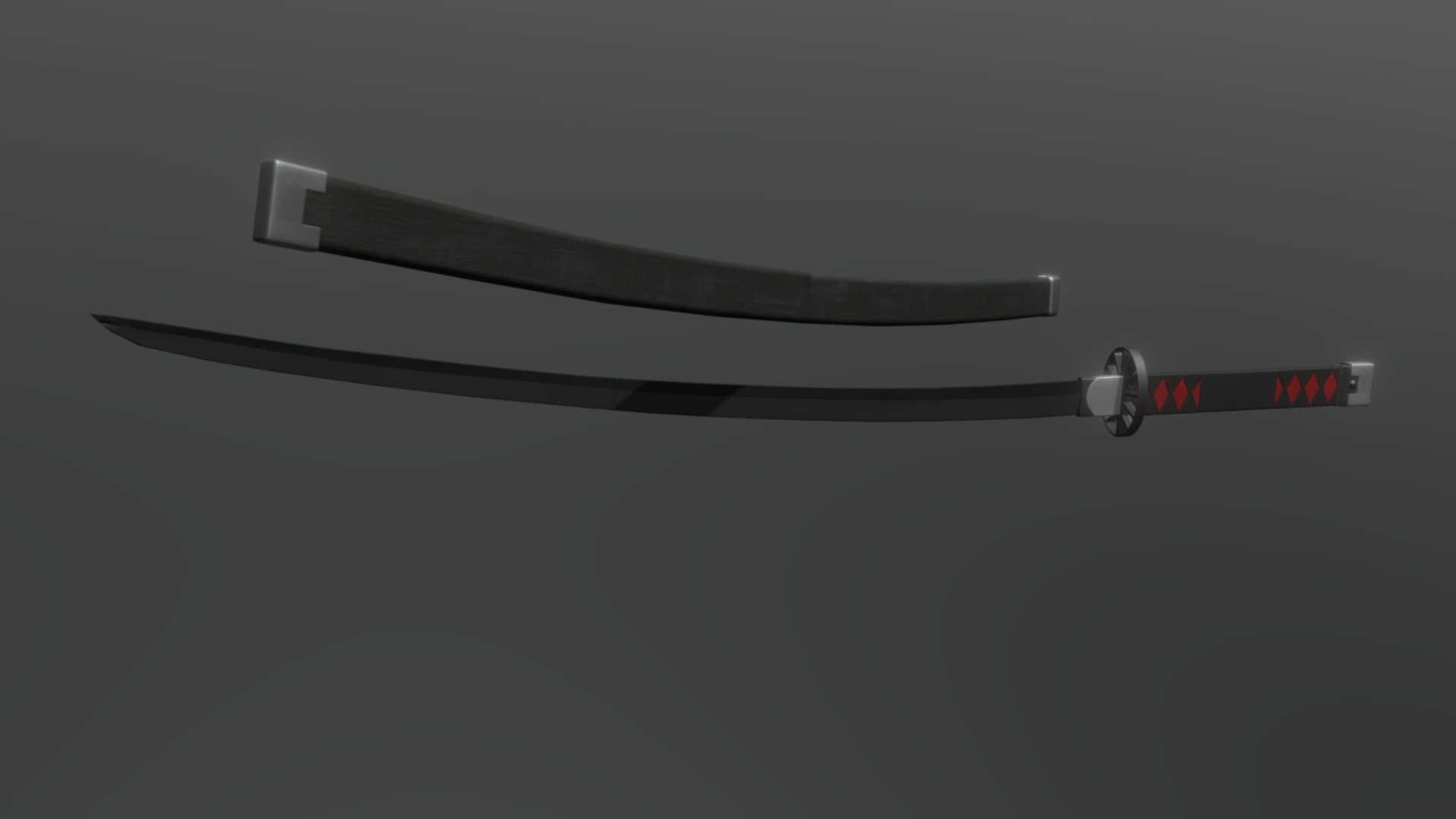 Nichirin Blades 桌布 壁紙 — 一把時尚的黑色武士刀，帶有紅色鑽石點綴和銀色配件，靠在深灰色漸變背景上，旁邊是其刀鞘。