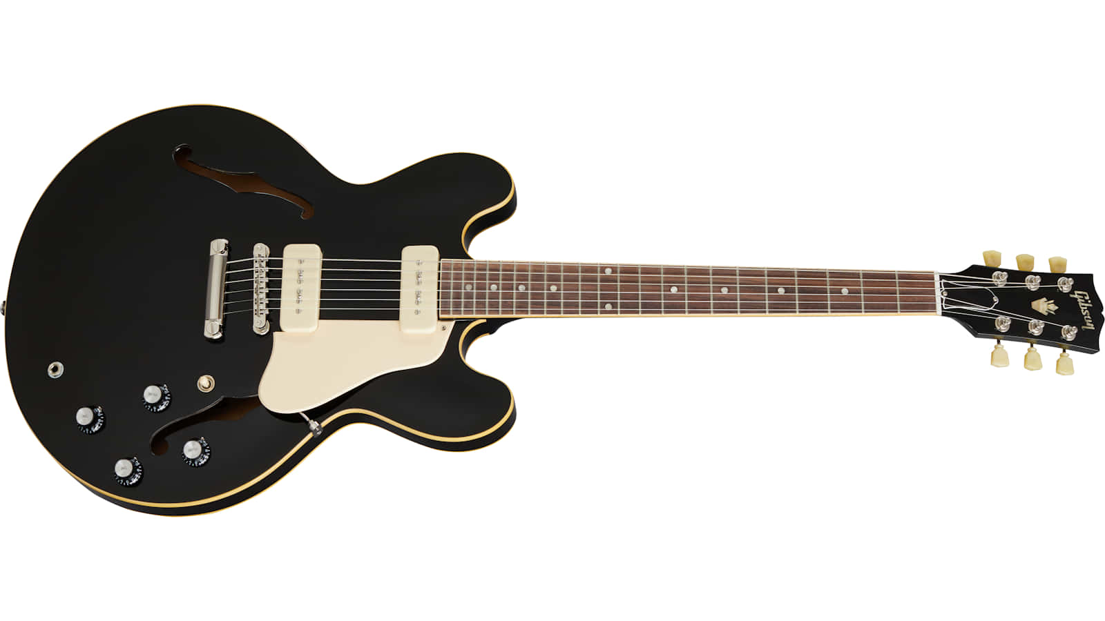 Guitar Aesthetic 桌布 壁紙 — 一把時尚的黑色空心電吉他，配有奶油色護板和金色飾邊，靠在潔白的背景上。