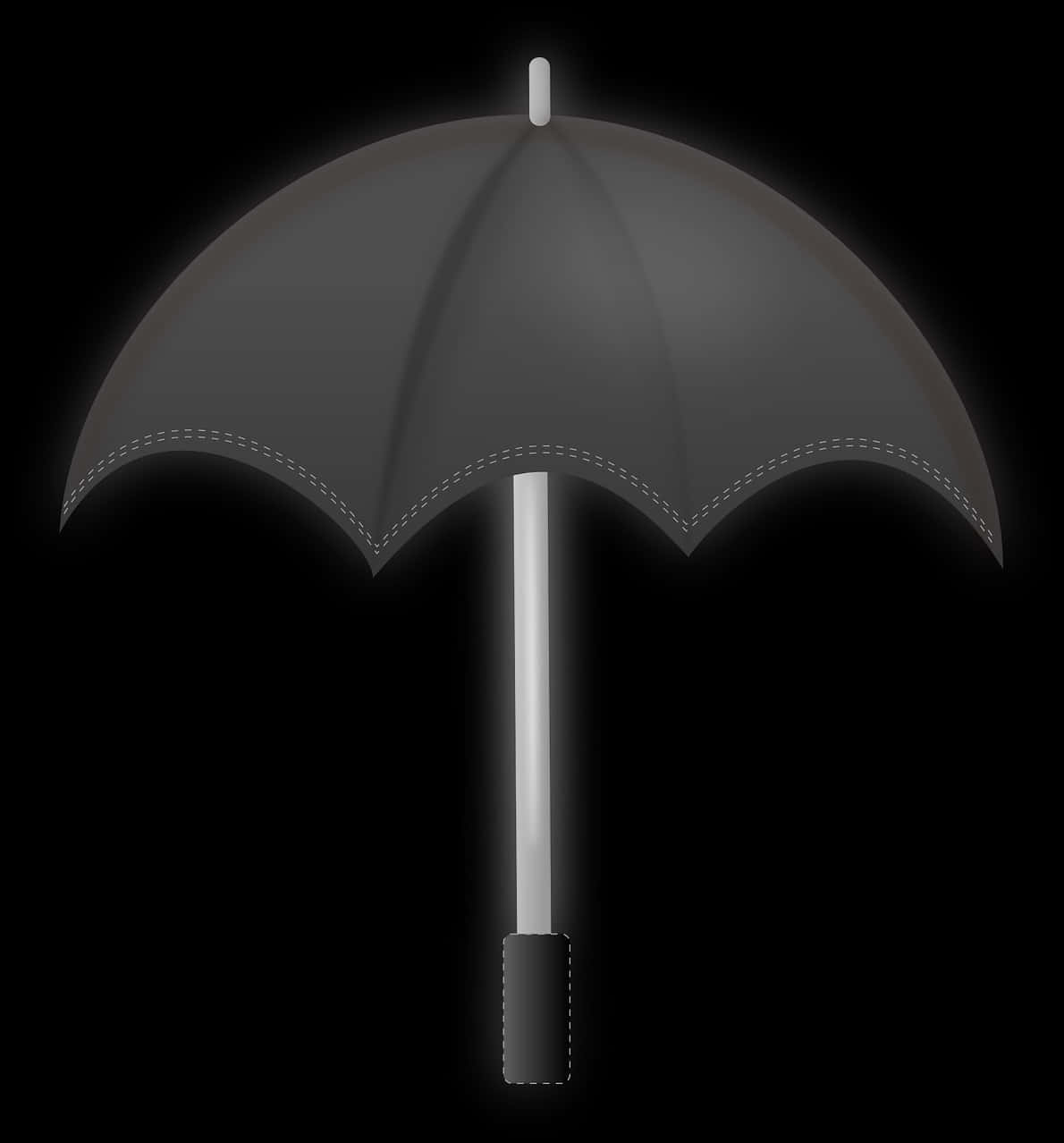 下雨 桌布 壁紙 — 一把時尚的黑色雨傘，帶有白色縫線和手柄，在純黑色背景上柔和發光。