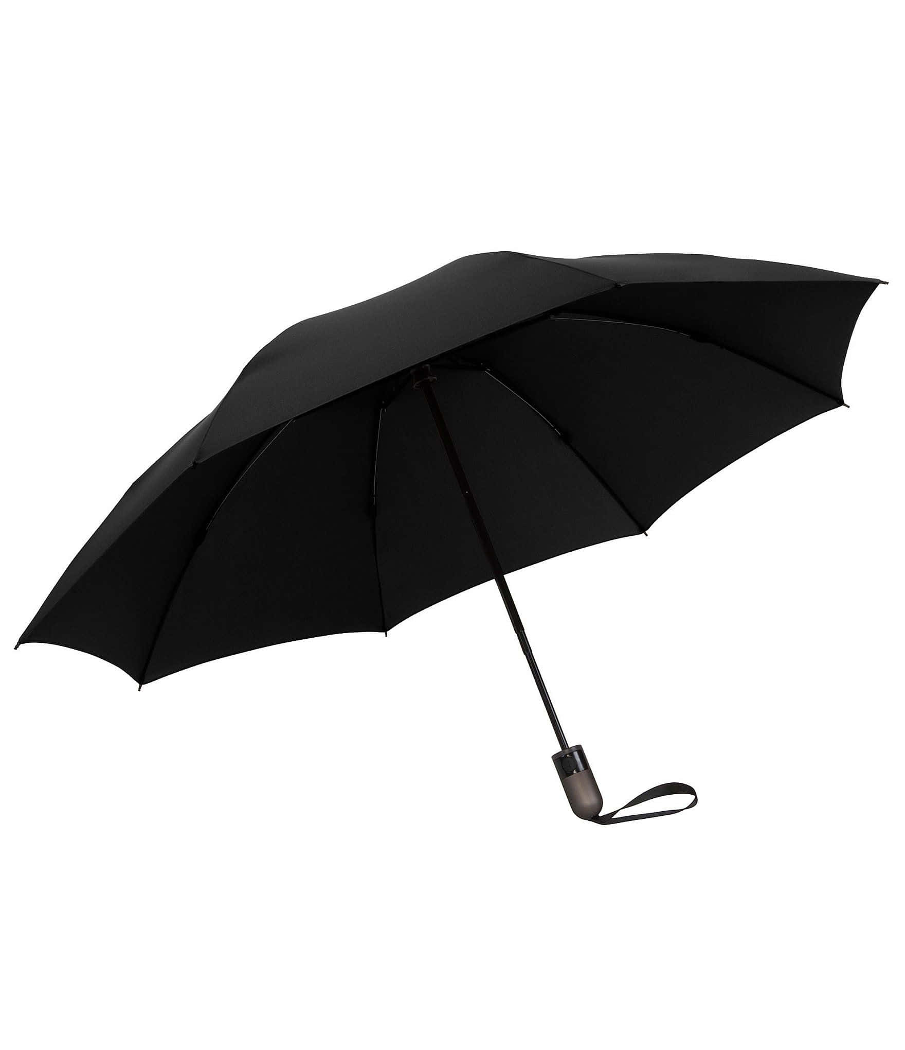 Umbrella 桌布 壁紙 — 一把時尚的黑色雨傘在純白背景上完全打開，展現其簡約設計和堅固手柄。