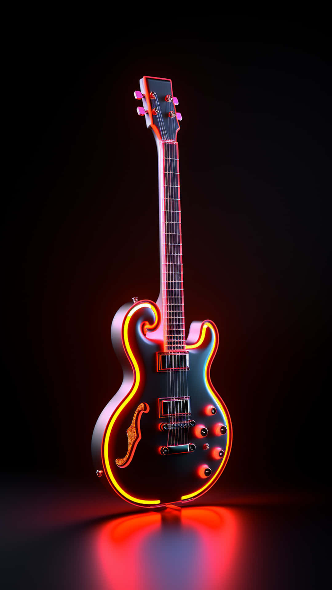Abstract colorful Guitar in the foreground on neon painting background and Digital illustratio 壁紙 — 一把時尚的黑色電吉他，在黑暗背景上散發著充滿活力的橙色霓虹輪廓，投射出紅色倒影。