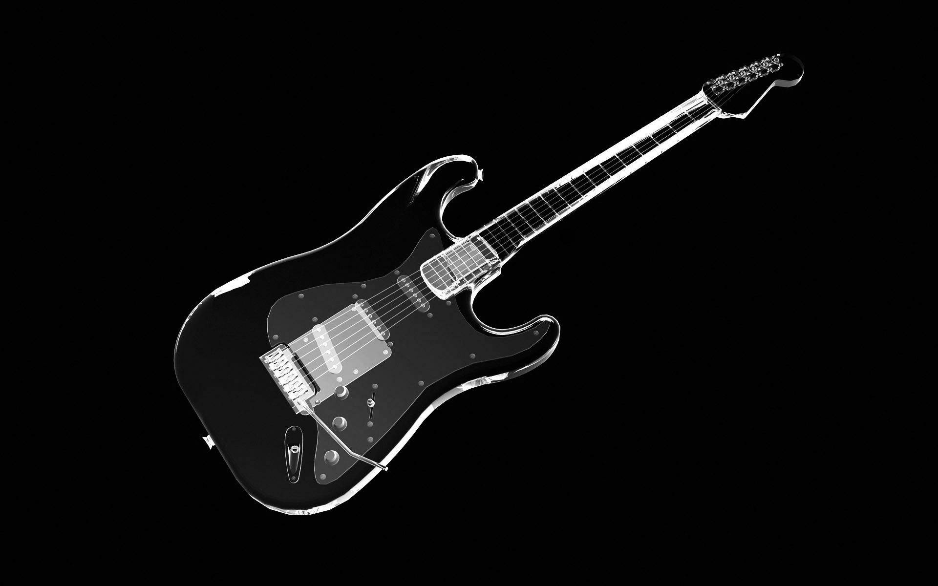 Guitar Aesthetic 桌布 壁紙 — 一把時尚的黑色電吉他，配以銀色硬件，在純黑色背景上閃耀光芒。