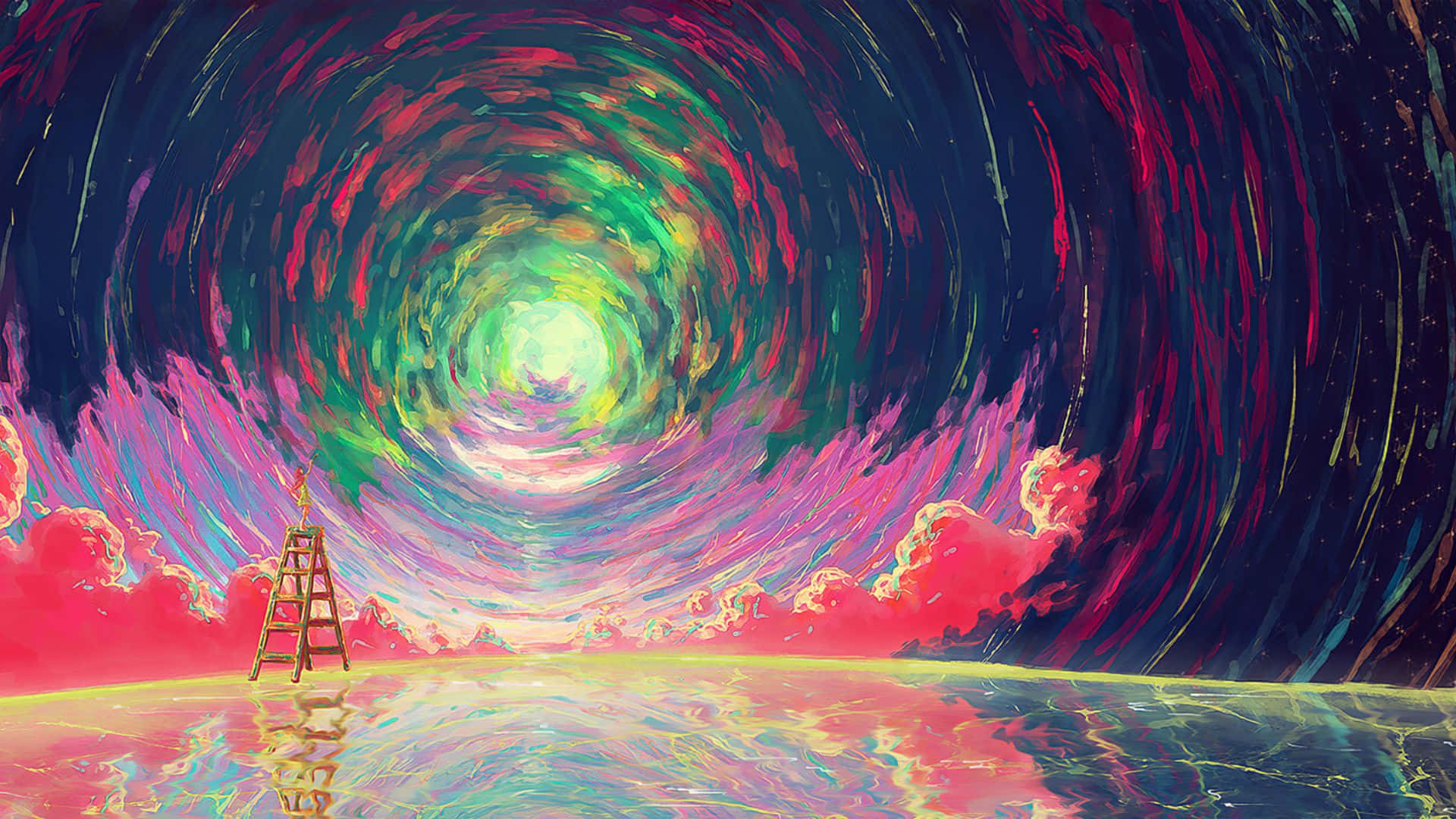 Trippy Sky 桌布 壁紙 — 一把木梯子立在反射表面上，下方是霓虹色彩和星空的漩渦宇宙漩渦。