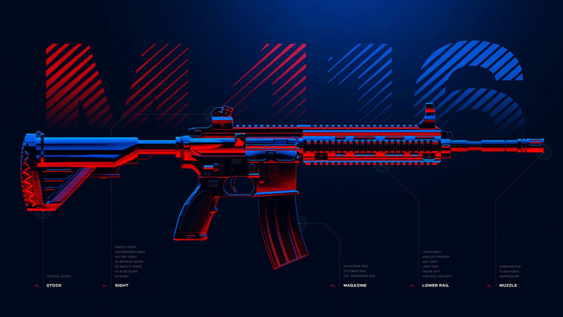 Pubg Guns 桌布 壁紙 — 一把未來風格的M16步槍，以發光的紅色和藍色霓虹線條呈現在深藍色背景上，並標有零件名稱。