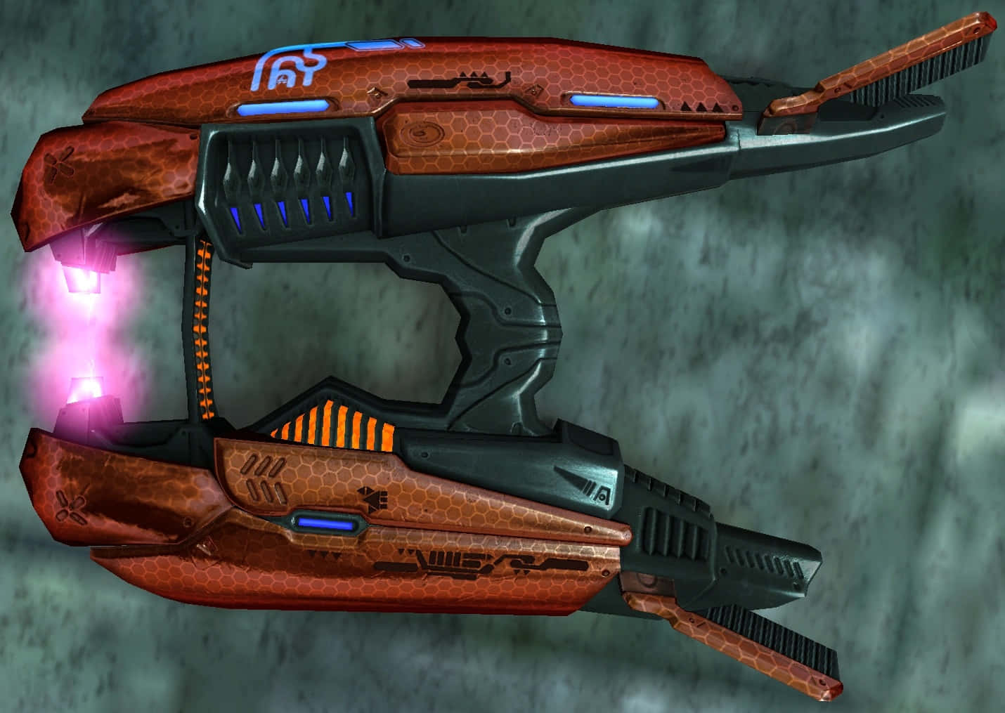 Plasma Rifle 桌布 壁紙 — 一把未來風格的橙色和黑色能量武器，帶有發光的藍色和粉紅色點綴，靠在一面有紋理的灰色牆上。
