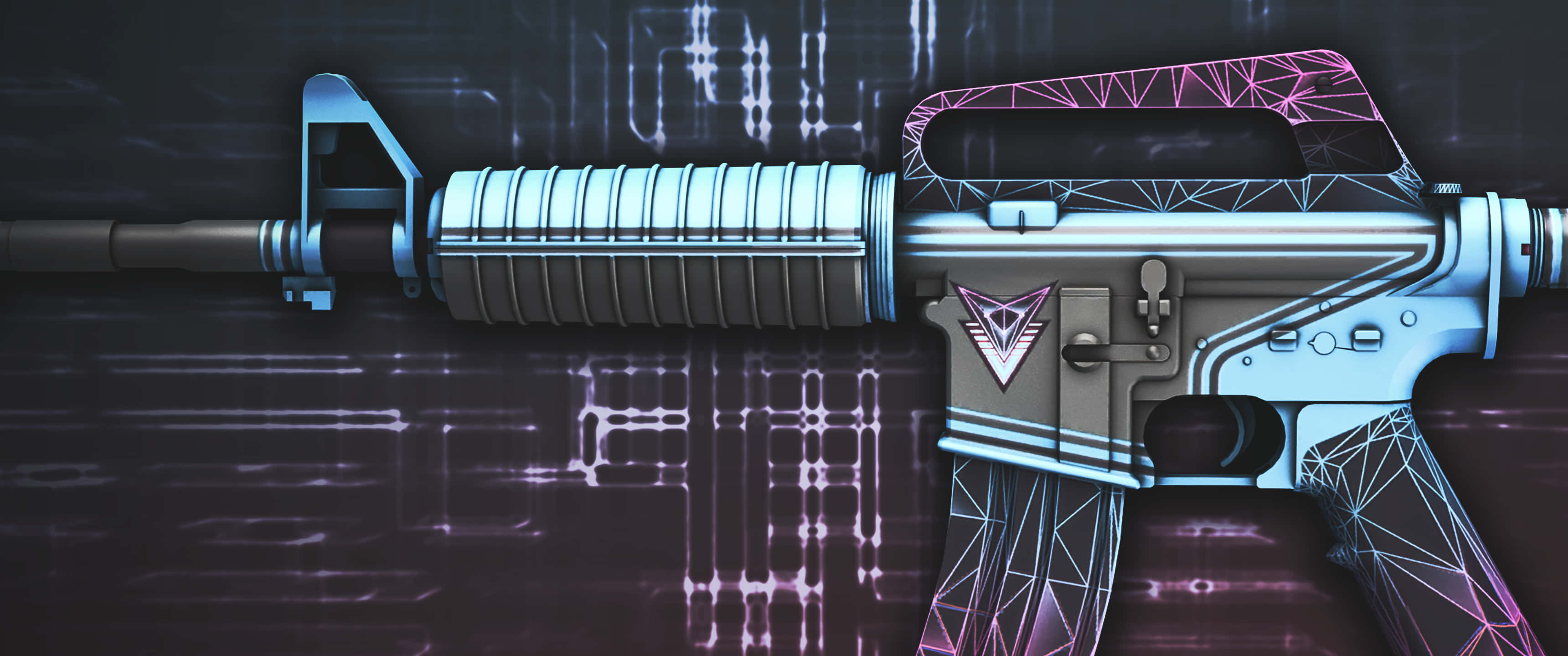 3440x1440p Counter-strike Global Offensive 桌布 壁紙 — 一把未來風格的步槍，帶有發光的藍色和粉紅色霓虹線框細節，背景為深色數位電路。
