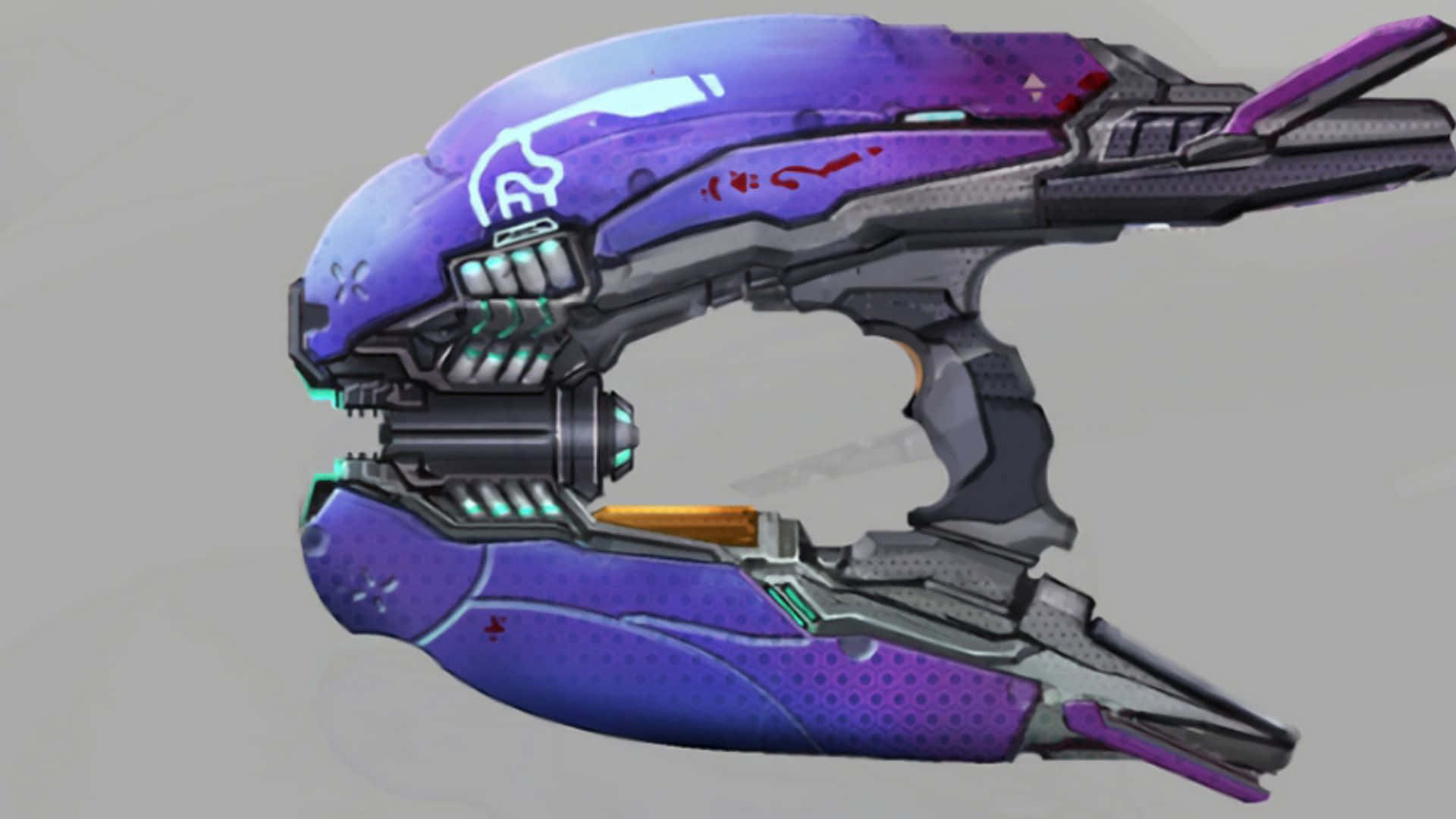Plasma Rifle 桌布 壁紙 — 一把未來風格的紫色和銀色科幻武器，帶有發光的藍綠色點綴和紅色標記，背景為純灰色。