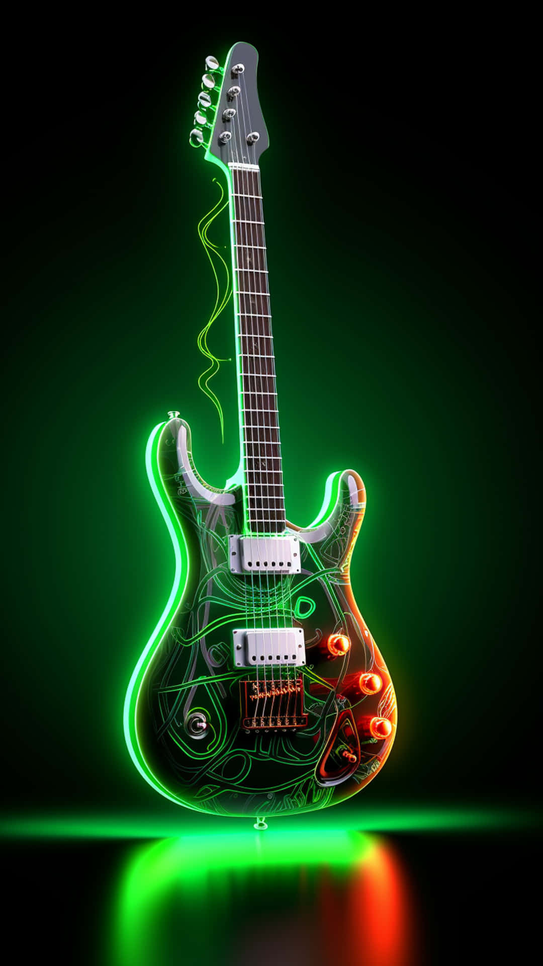 acoustic guitar close-up on a beautiful colored background 壁紙 — 一把未來風格的電吉他在黑暗背景下發出螢光綠和橙色光芒。