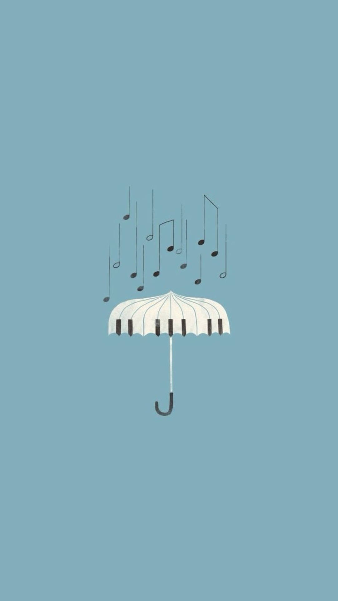 WhatsApp 聊天 桌布 壁紙 — 一把極簡白色雨傘，帶有鋼琴鍵設計，讓音符在柔和的藍色背景上如雨般落下。
