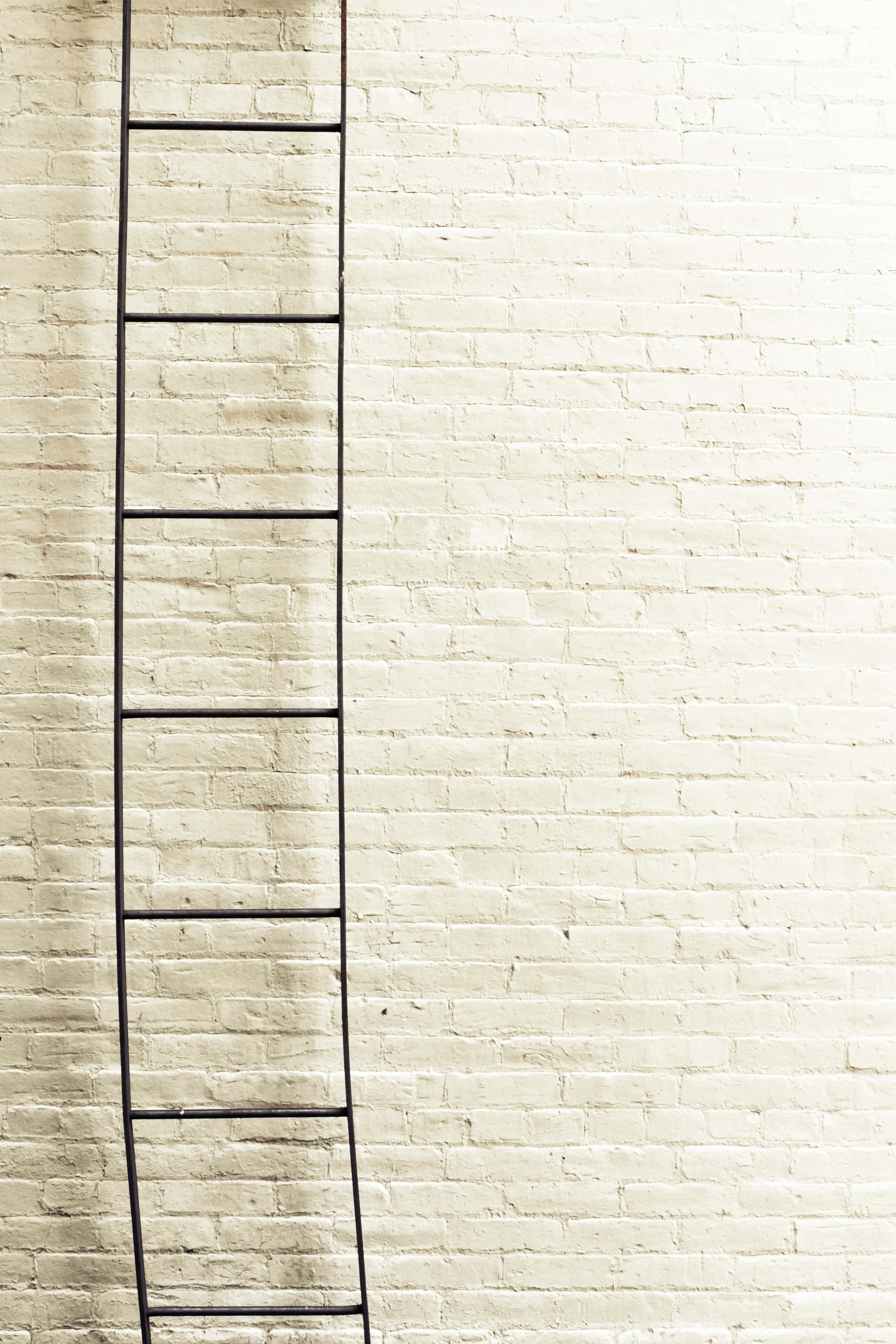 White Brick Wall 桌布 壁紙 — 一把極簡黑色金屬梯子靠在有紋理的白色磚牆上，在柔和自然光下。